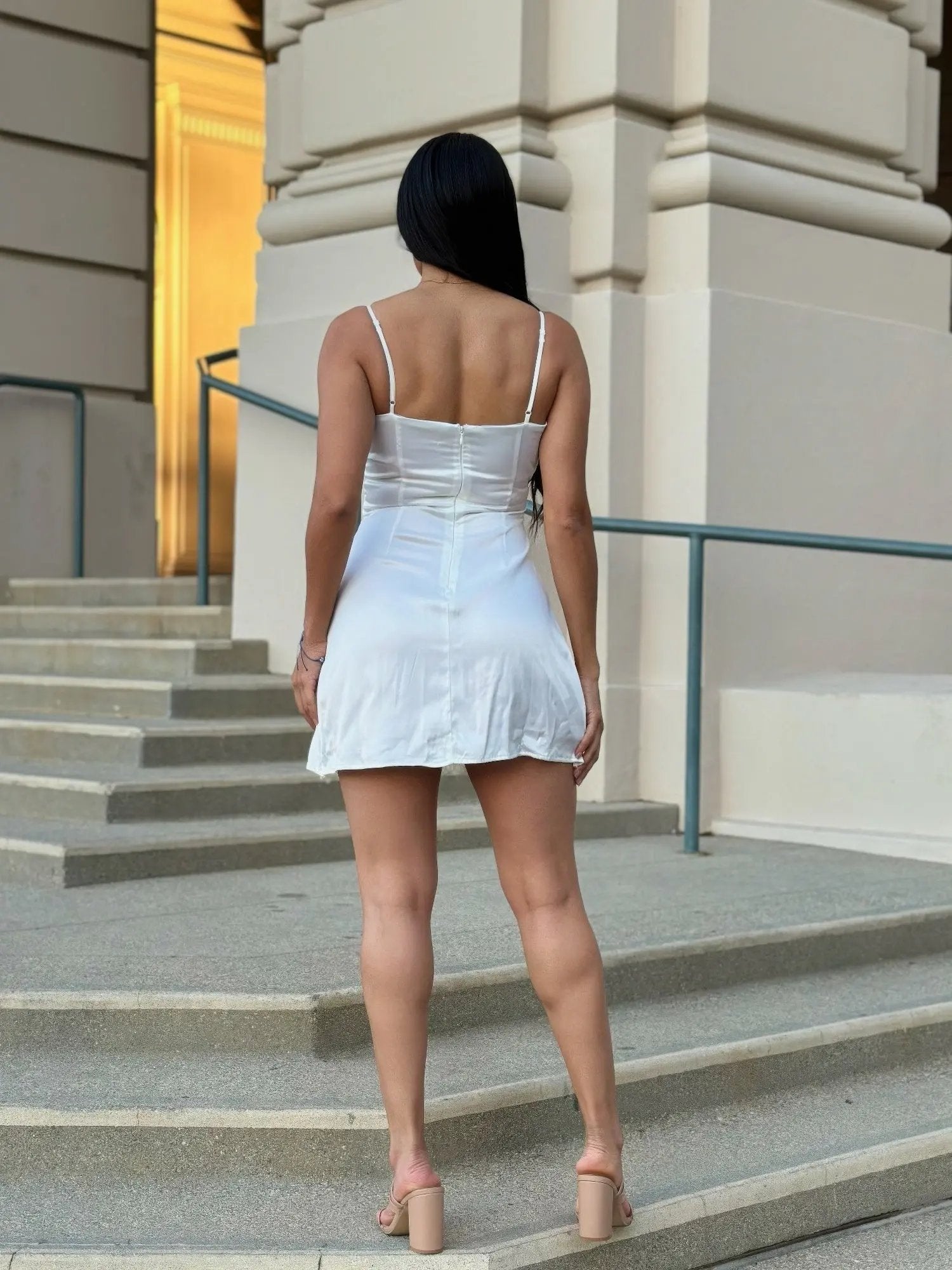 Sexy Party Satin Wrap Like & Lace Nude Mini Dress - DressAffection