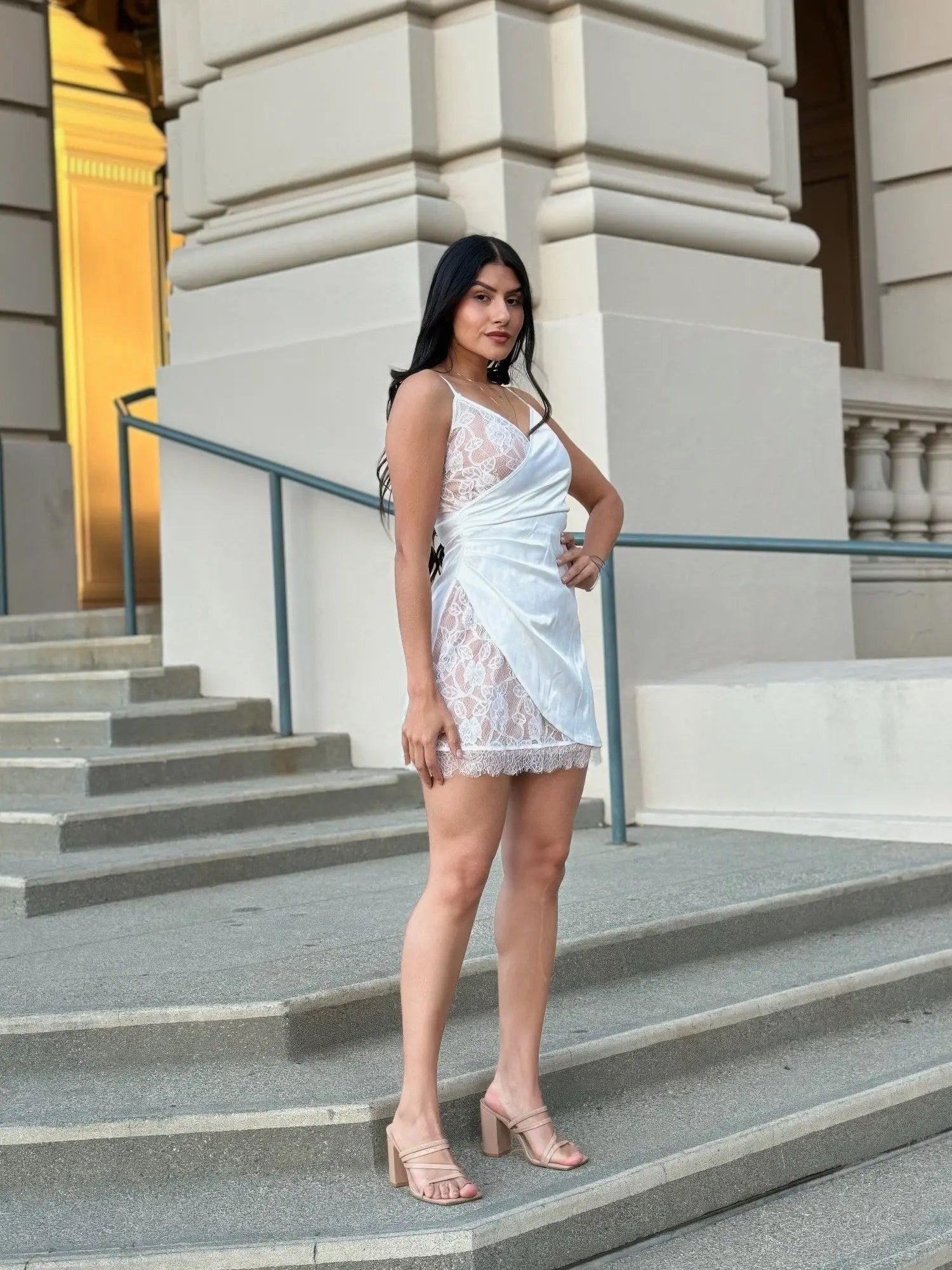 Sexy Party Satin Wrap Like & Lace Nude Mini Dress - DressAffection