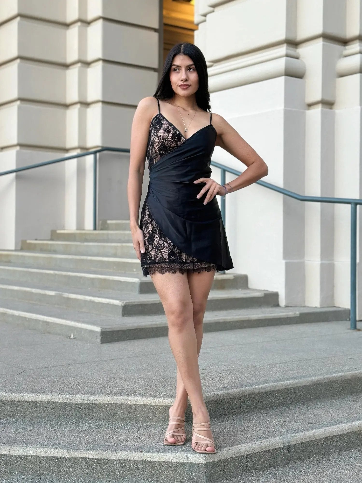 Sexy Party Satin Wrap Like & Lace Nude Mini Dress - DressAffection