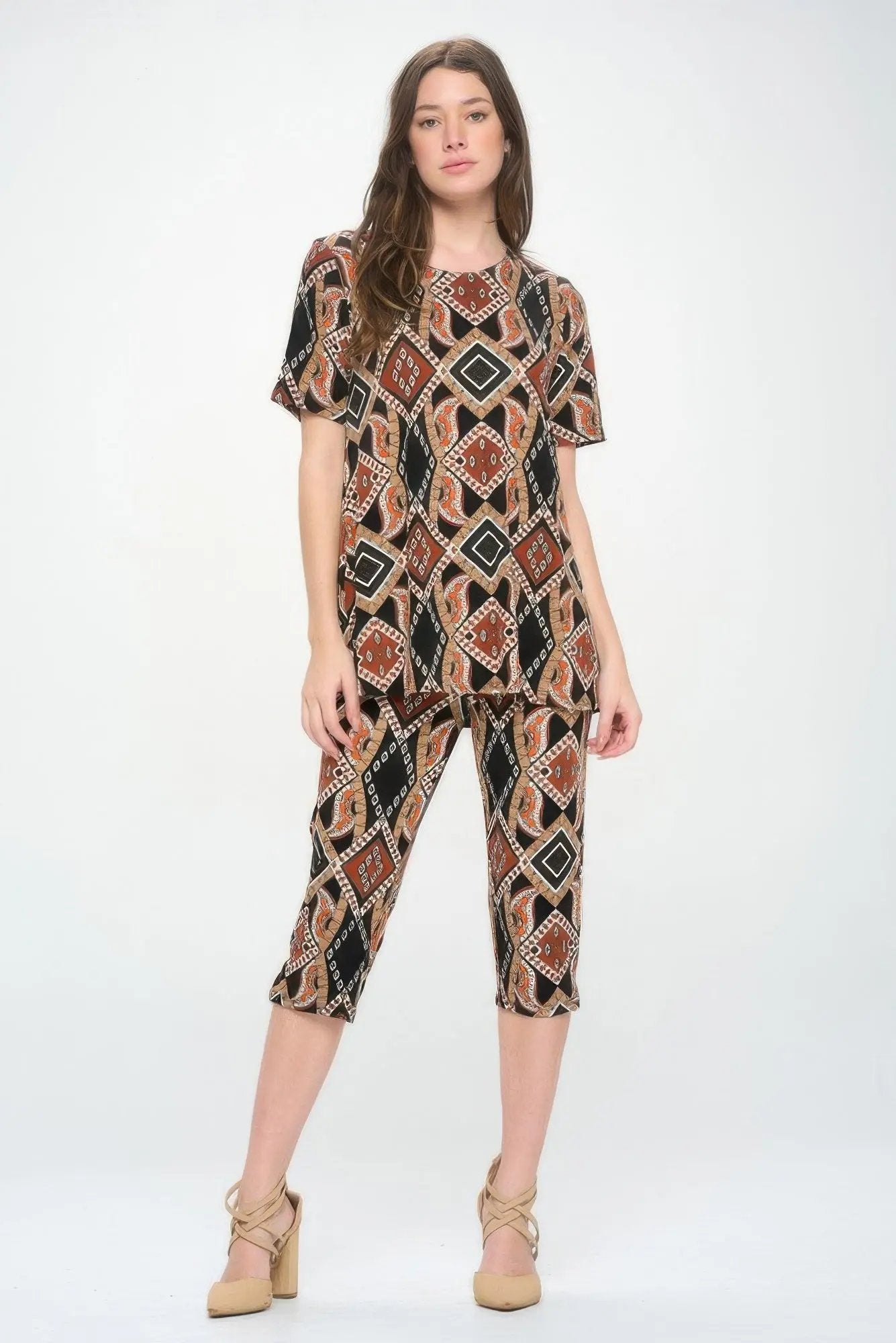 Short Sleeve Top Capri Pants Set - DressAffection