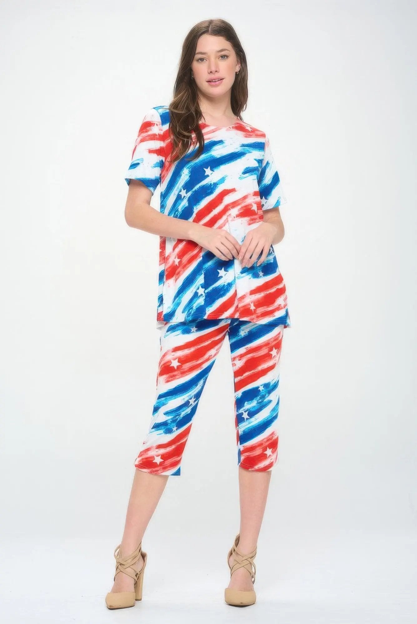 Short Sleeve Top Capri Pants Set - DressAffection