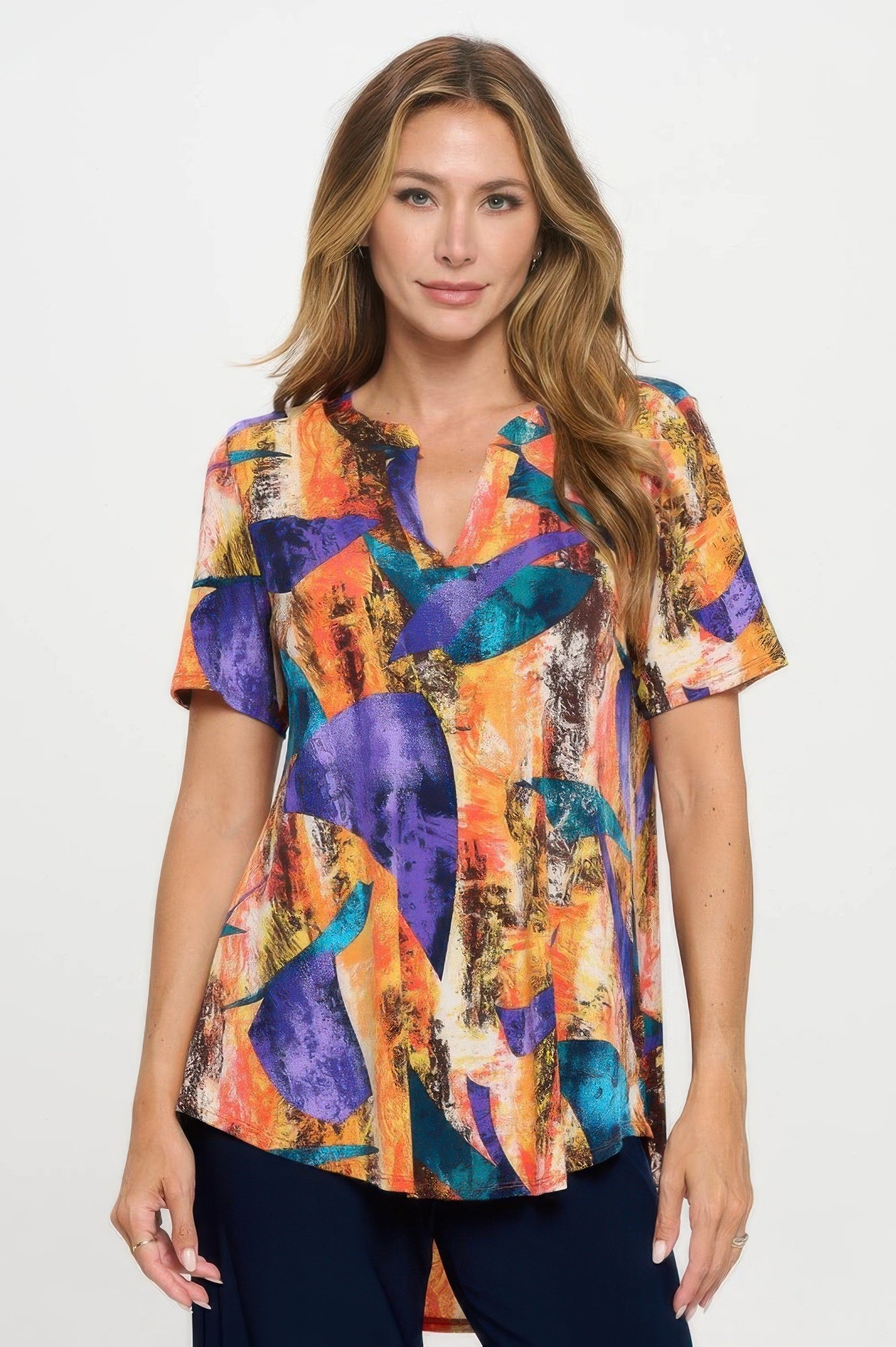 Short Sleeve V-neck Notch Top - DressAffection