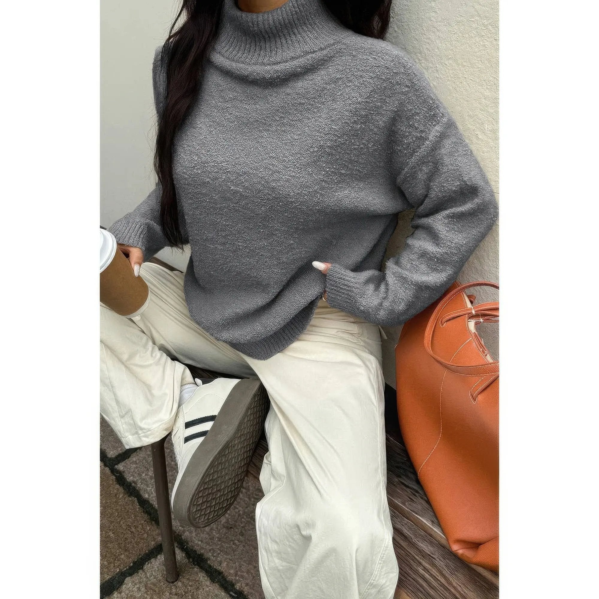 Soft Knit Roll Neck Long Sleeves Sweater - DressAffection
