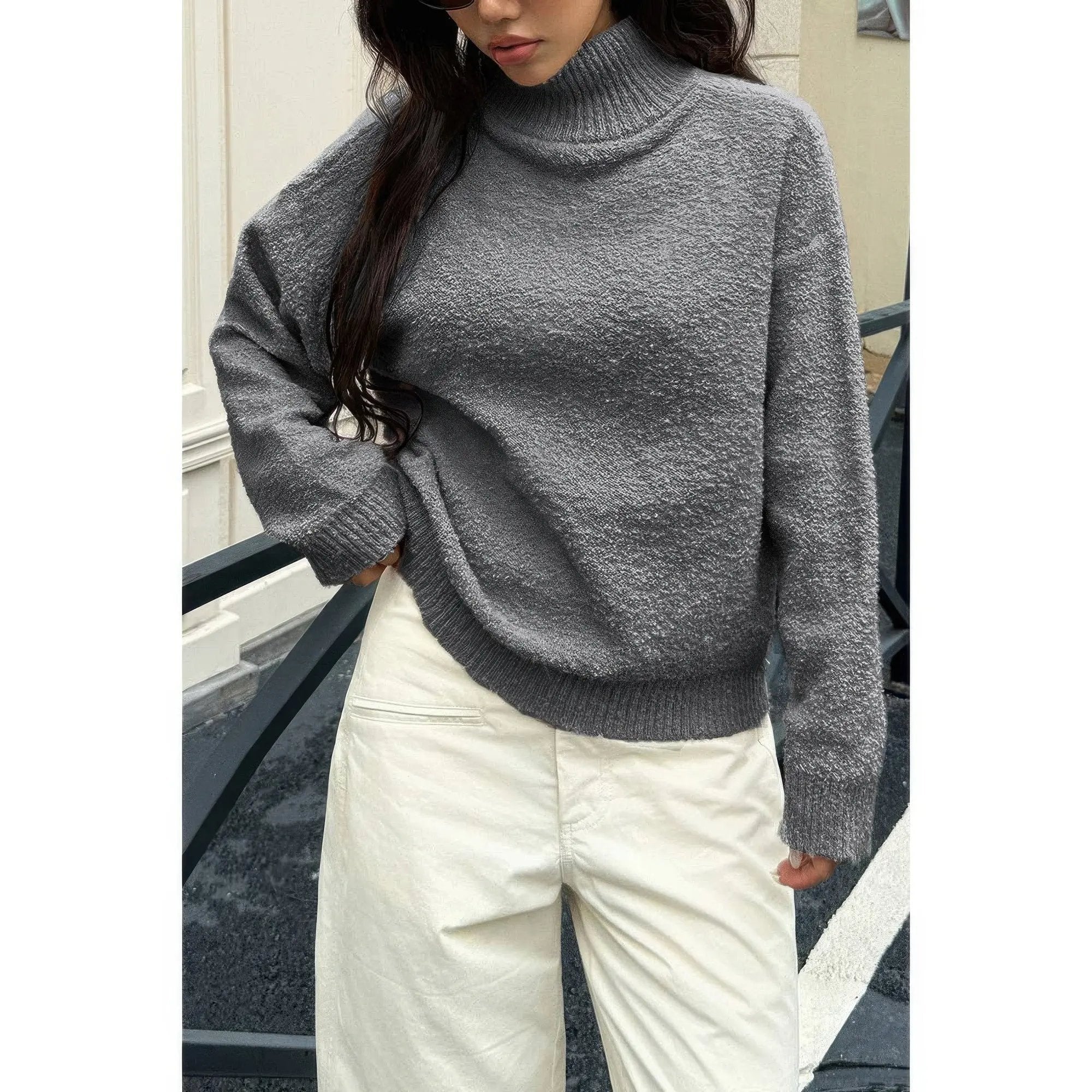 Soft Knit Roll Neck Long Sleeves Sweater - DressAffection