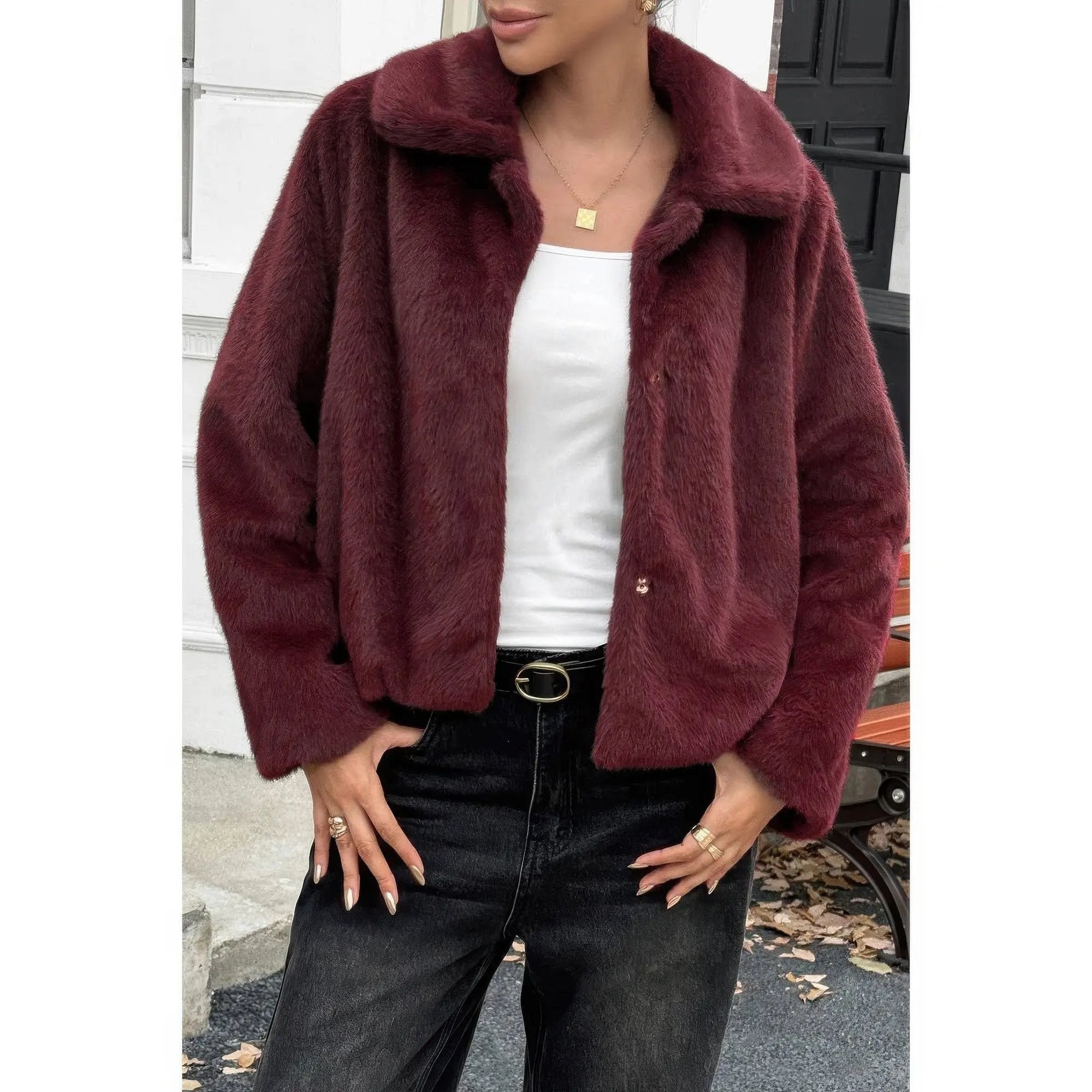 Solid Button Faux Fur Crop Jacket - DressAffection