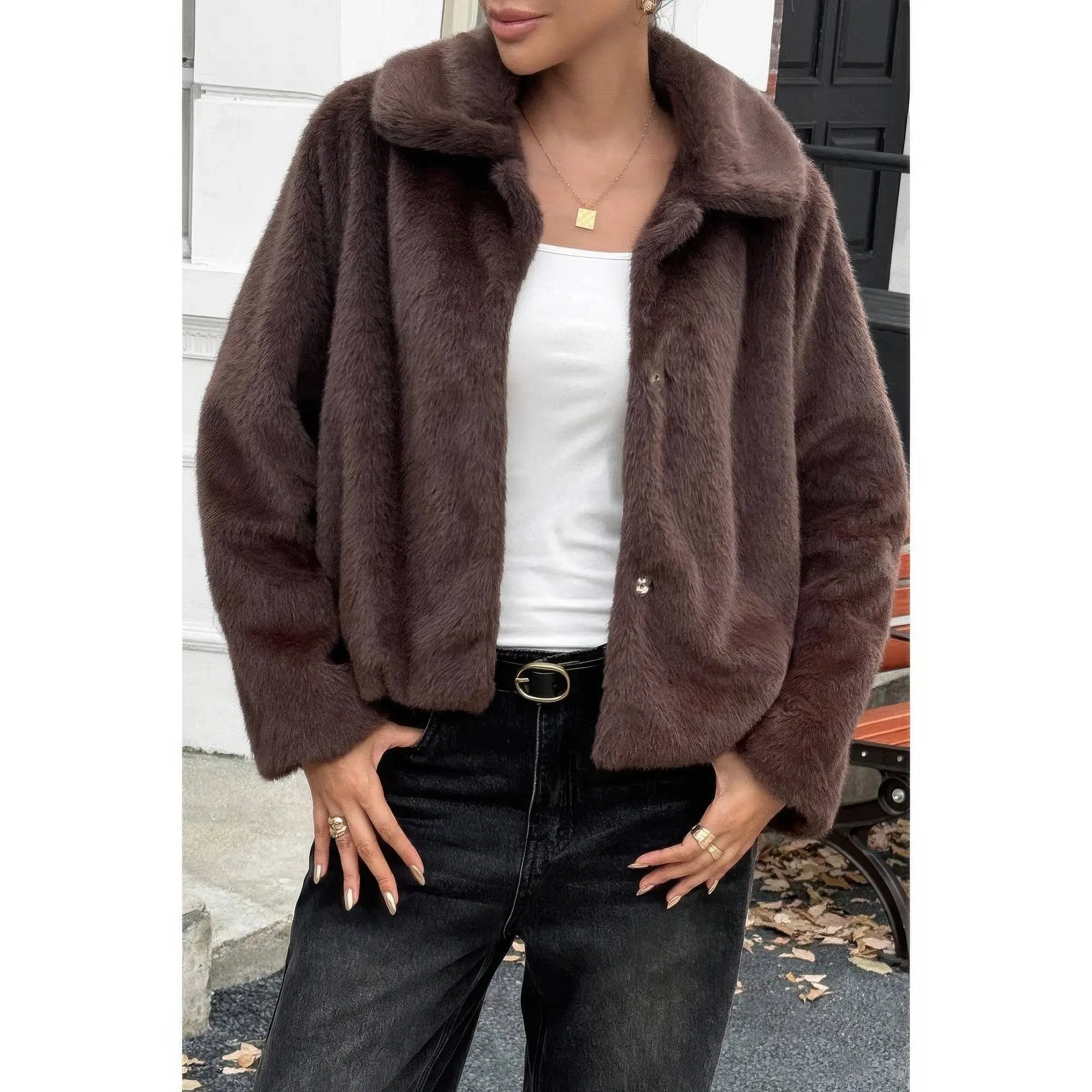 Solid Button Faux Fur Crop Jacket - DressAffection