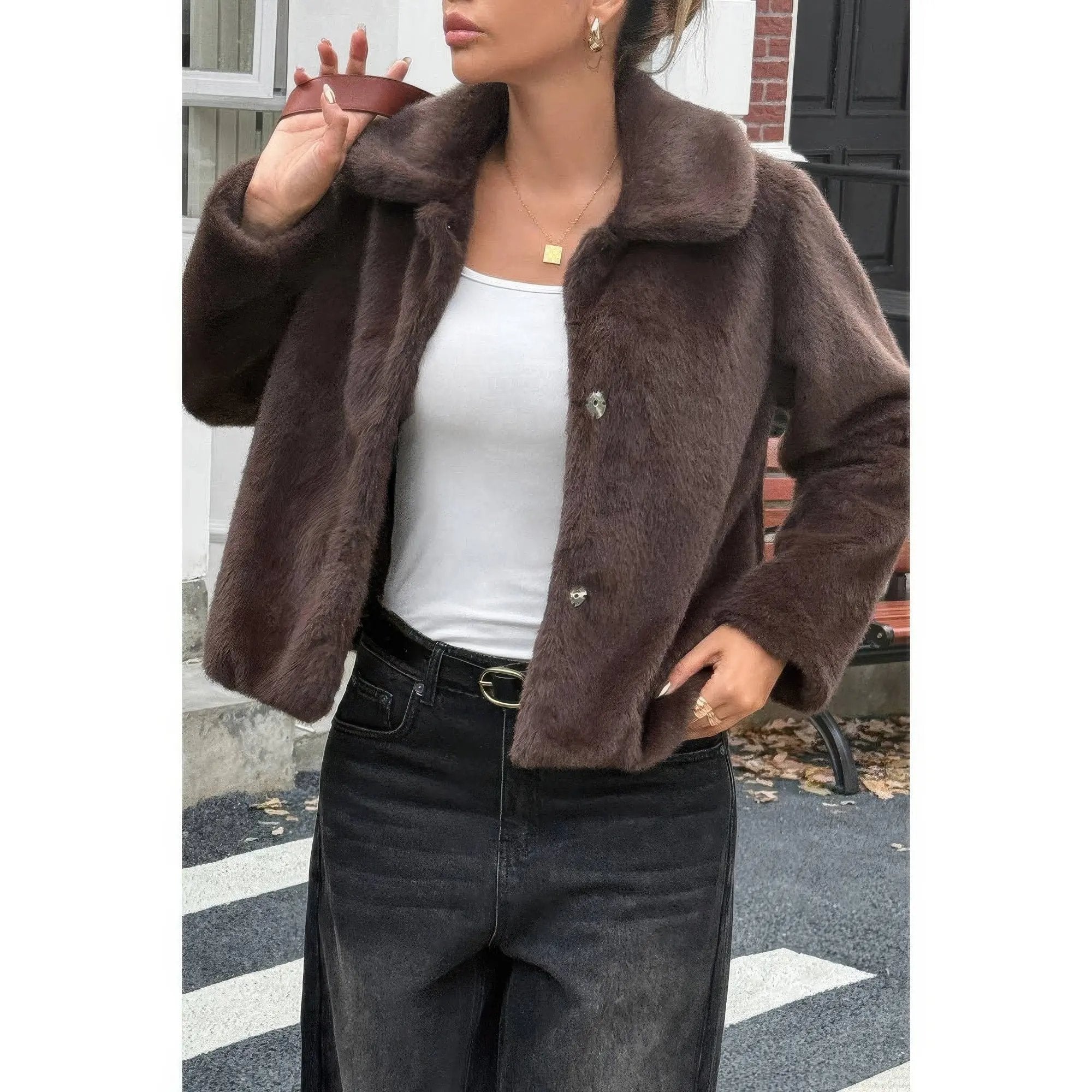 Solid Button Faux Fur Crop Jacket - DressAffection