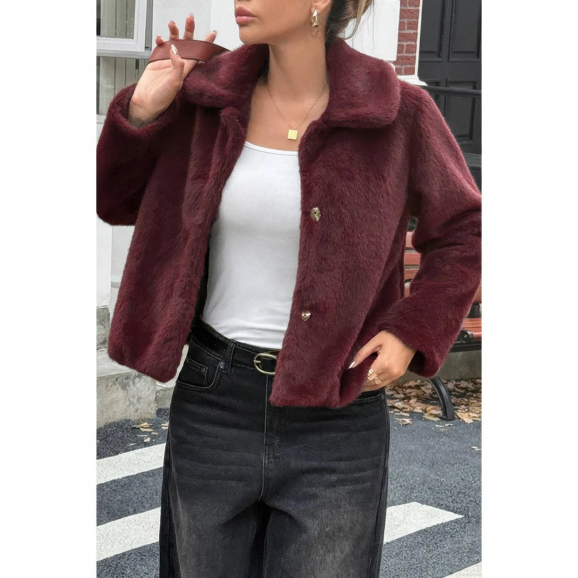 Solid Button Faux Fur Crop Jacket - DressAffection