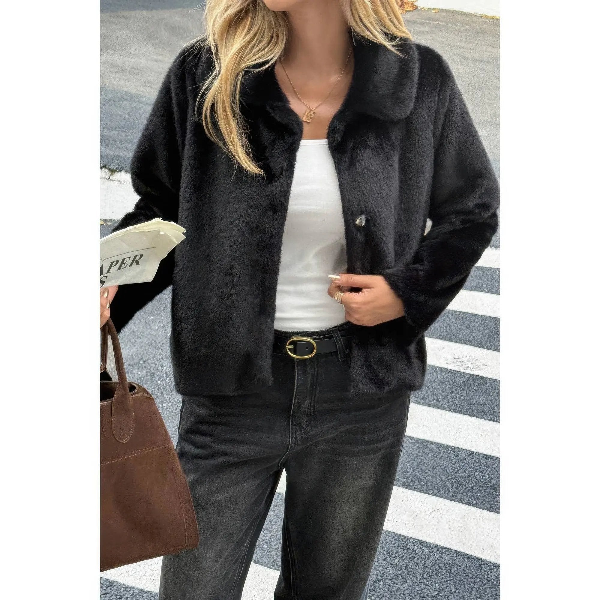 Solid Button Faux Fur Crop Jacket - DressAffection