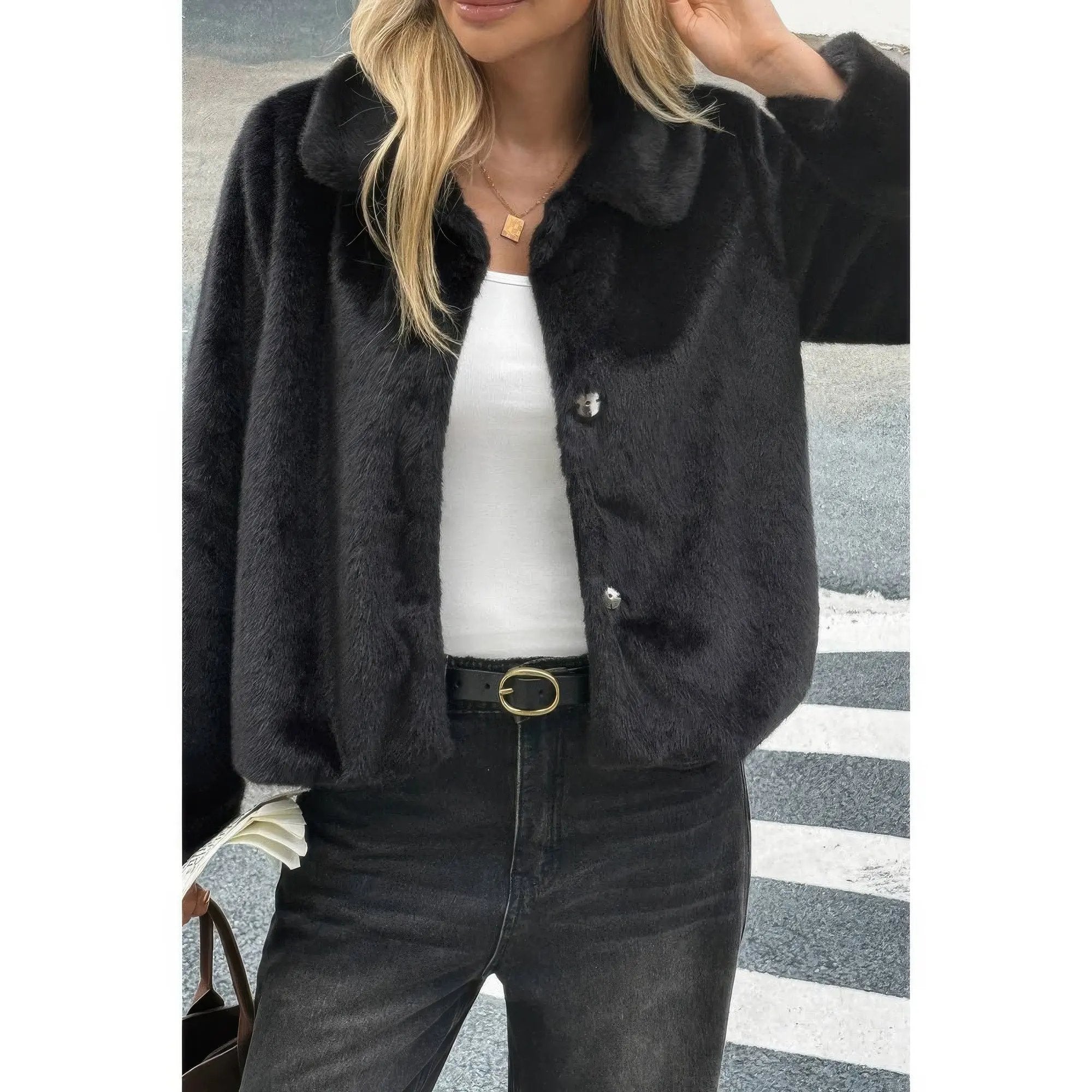 Solid Button Faux Fur Crop Jacket - DressAffection