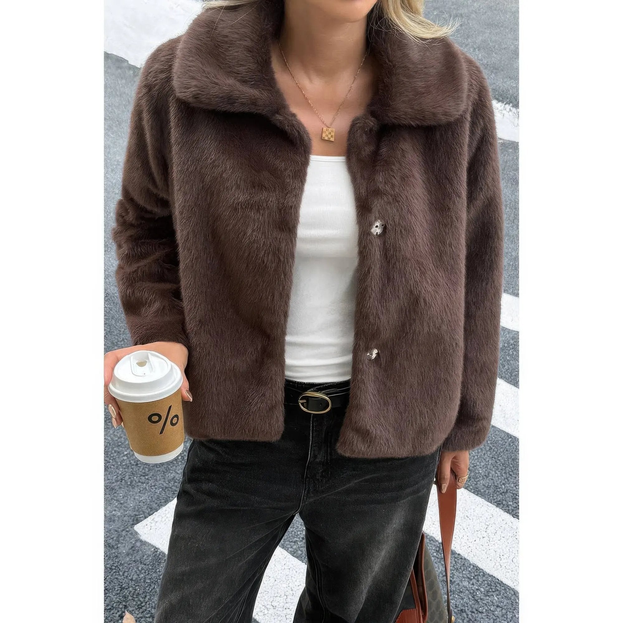 Solid Button Faux Fur Crop Jacket - DressAffection