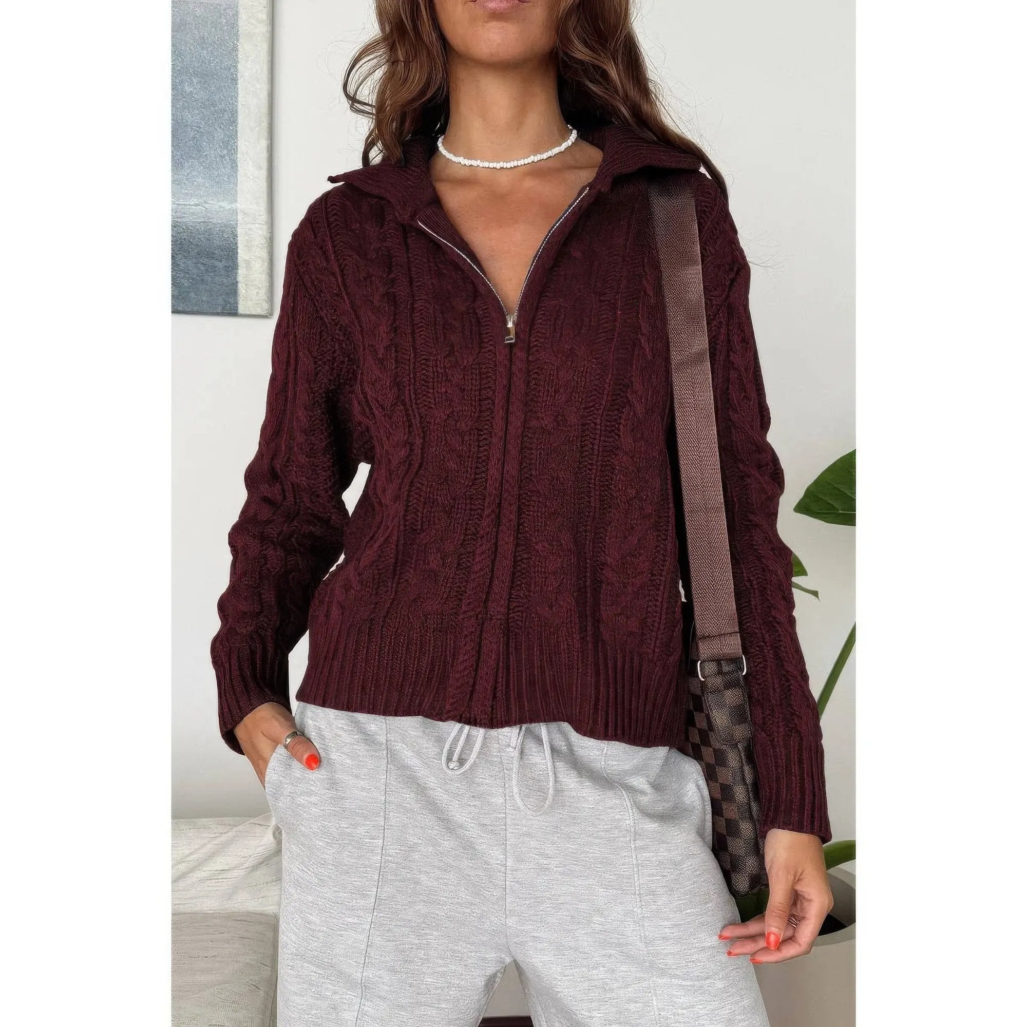 Solid Cable Knit Drop Shoulder Zipper Cardigan - DressAffection