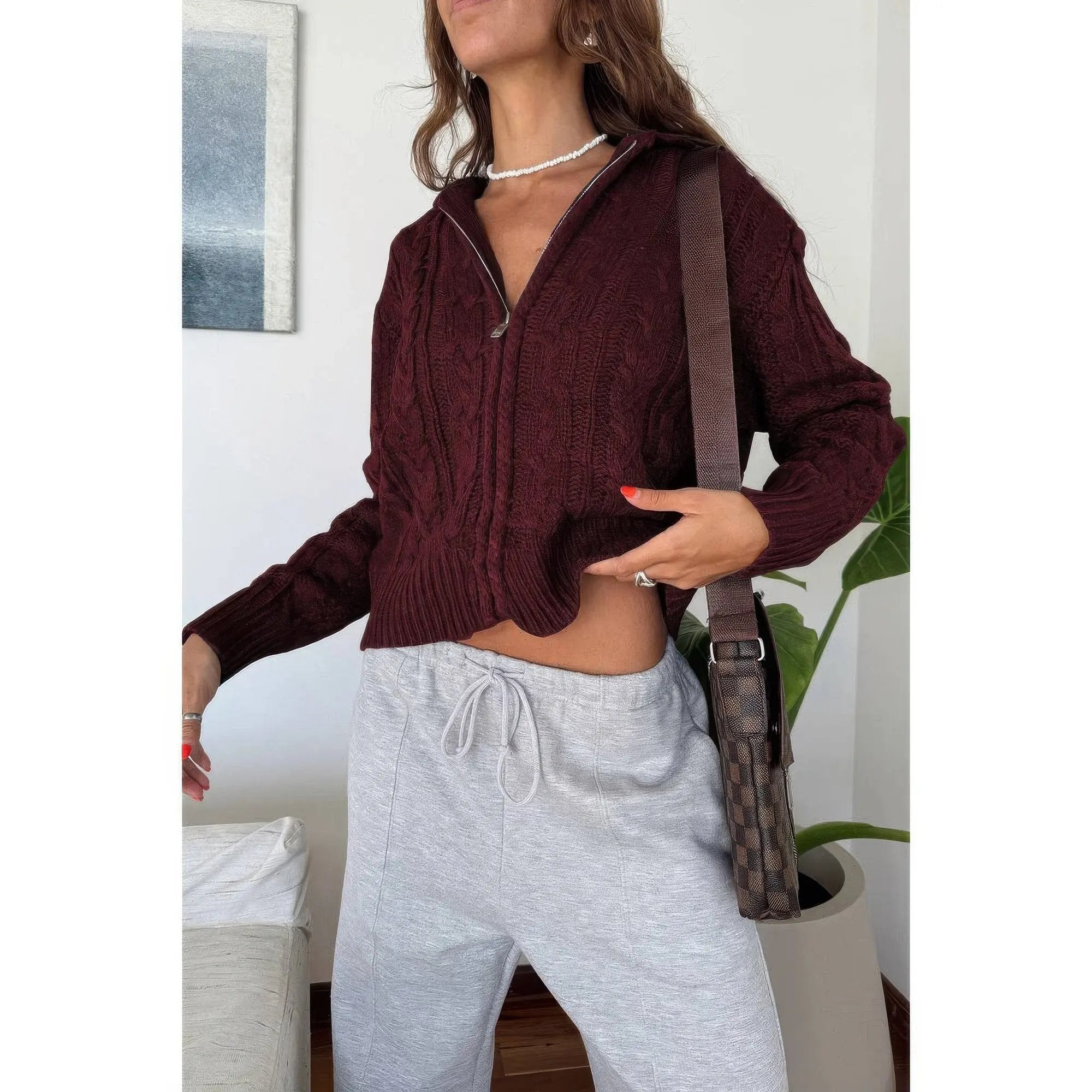 Solid Cable Knit Drop Shoulder Zipper Cardigan - DressAffection