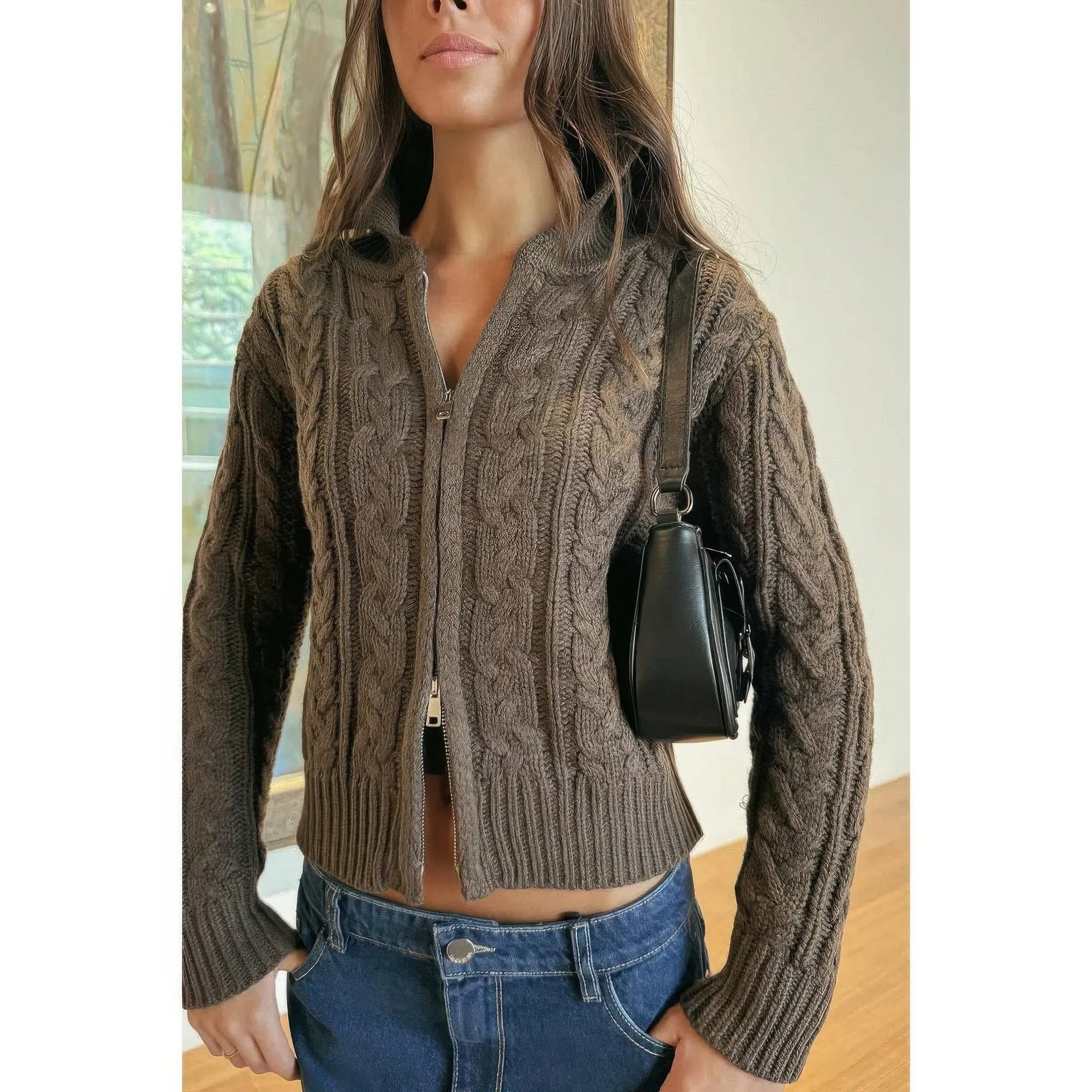 Solid Cable Knit Drop Shoulder Zipper Cardigan - DressAffection