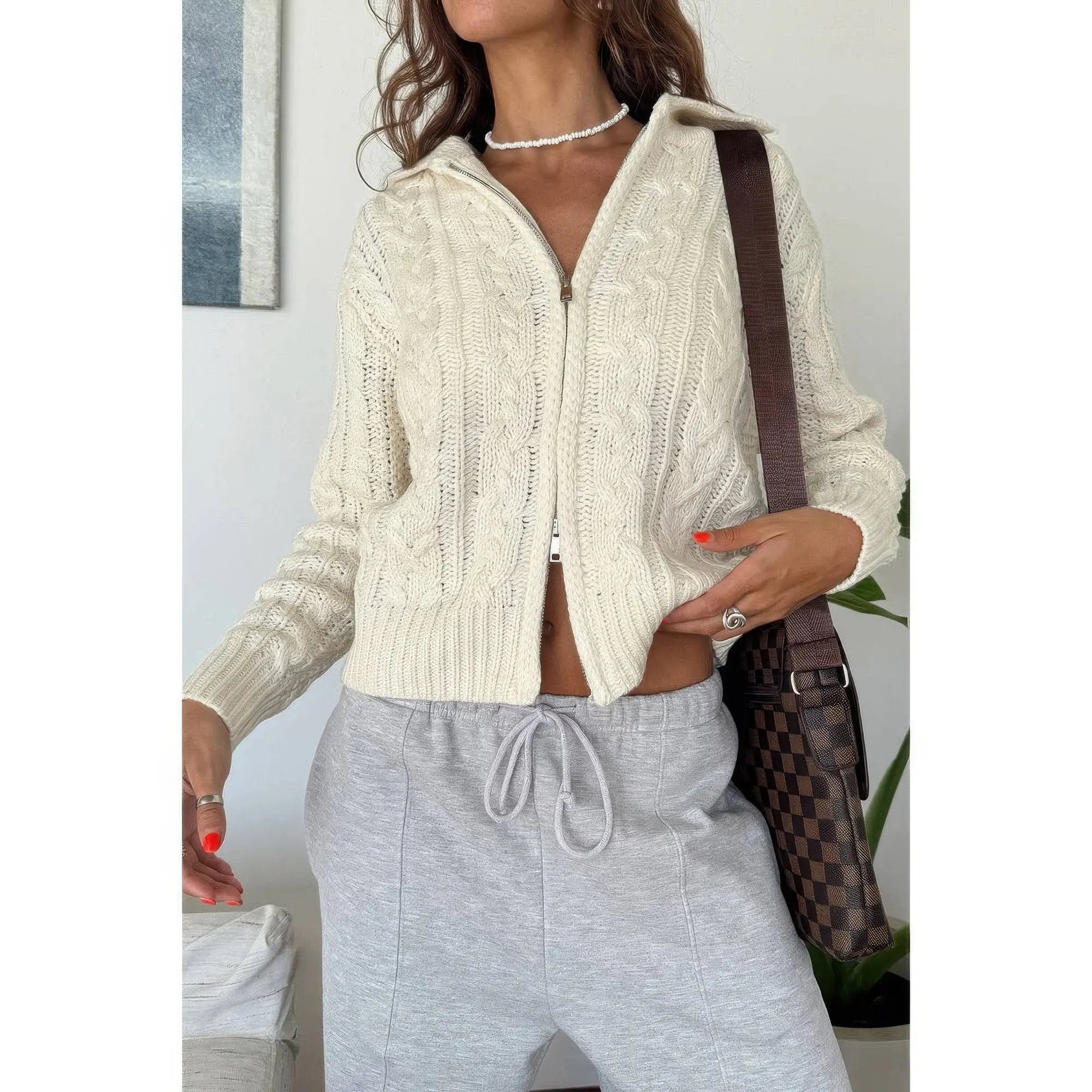 Solid Cable Knit Drop Shoulder Zipper Cardigan - DressAffection