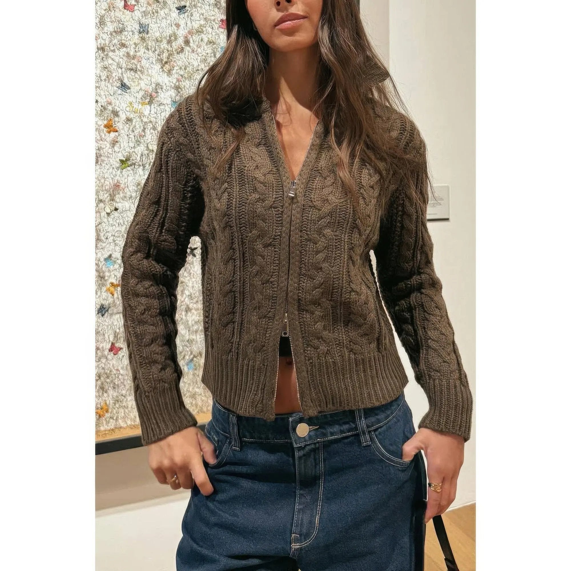 Solid Cable Knit Drop Shoulder Zipper Cardigan - DressAffection