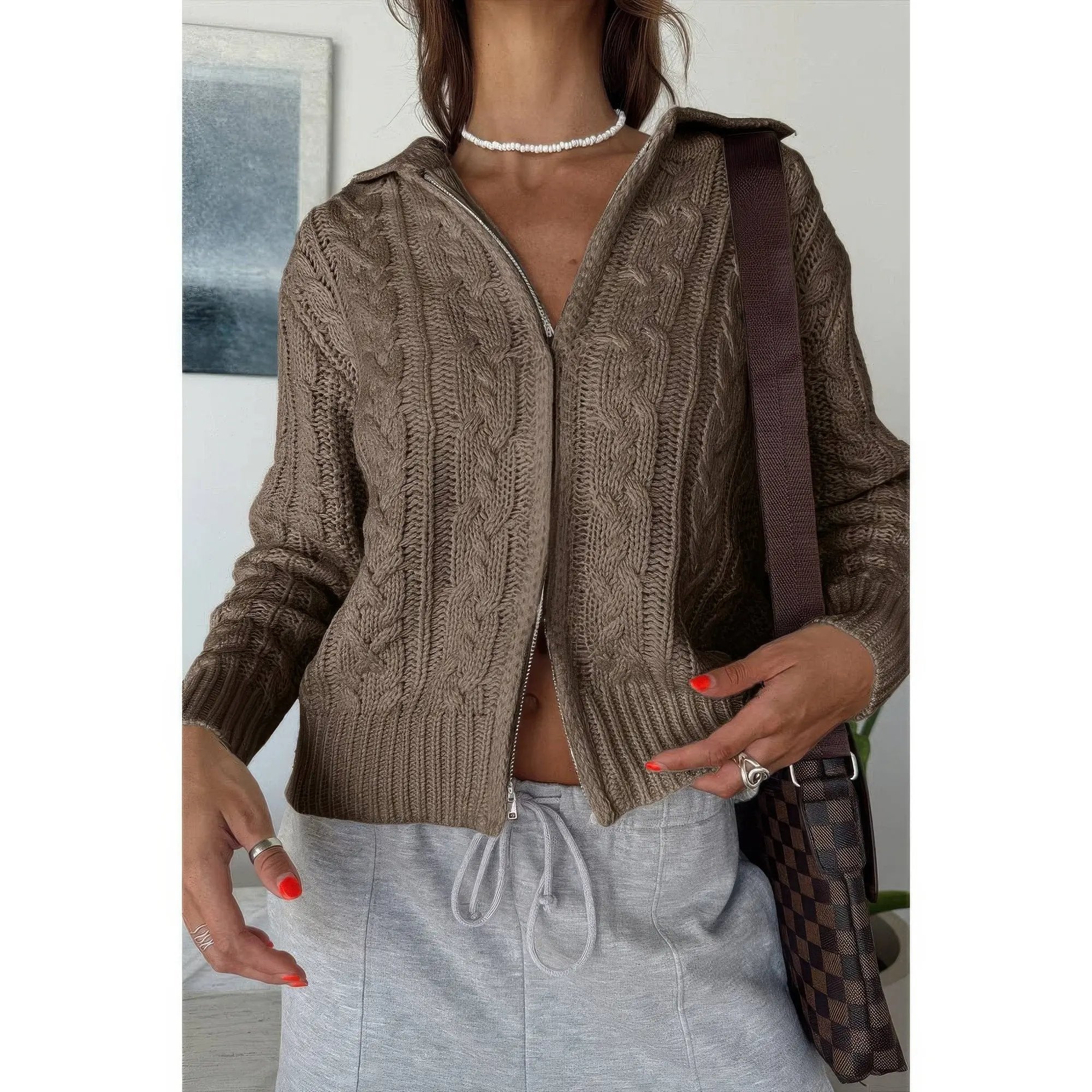 Solid Cable Knit Drop Shoulder Zipper Cardigan - DressAffection