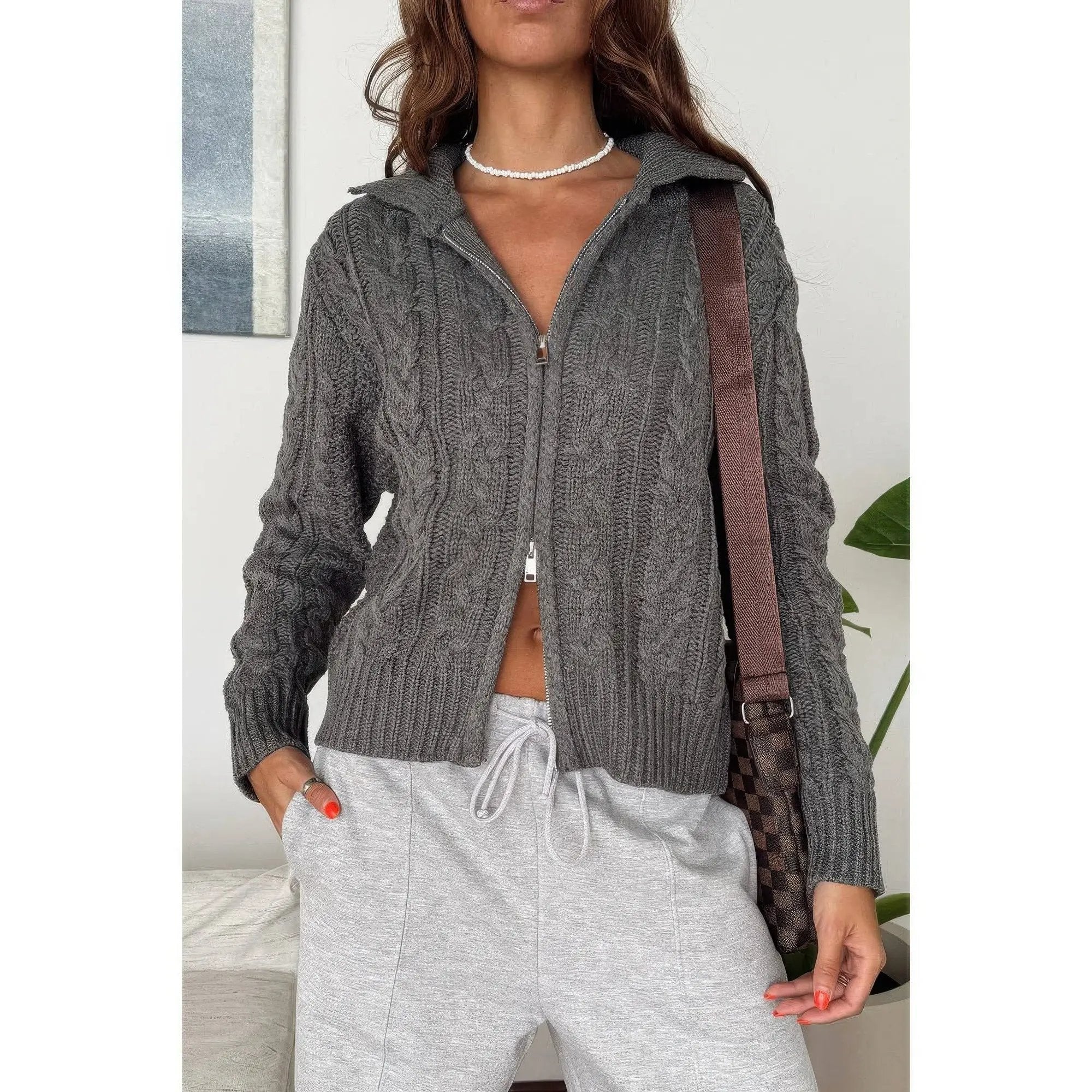 Solid Cable Knit Drop Shoulder Zipper Cardigan - DressAffection