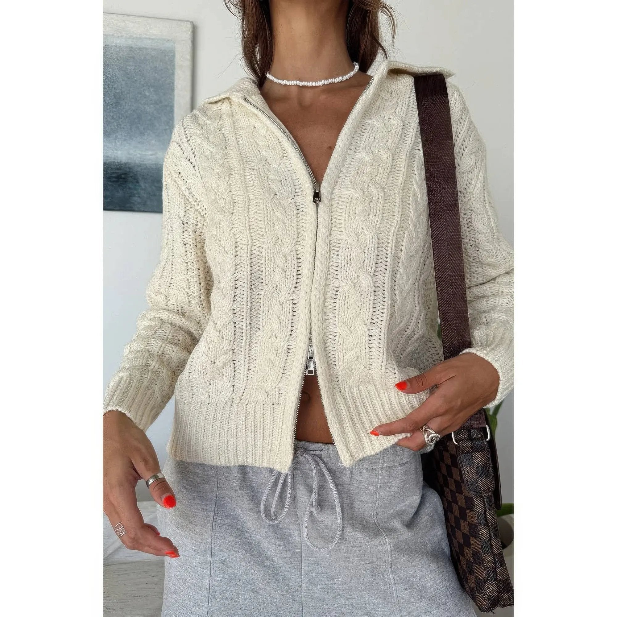 Solid Cable Knit Drop Shoulder Zipper Cardigan - DressAffection