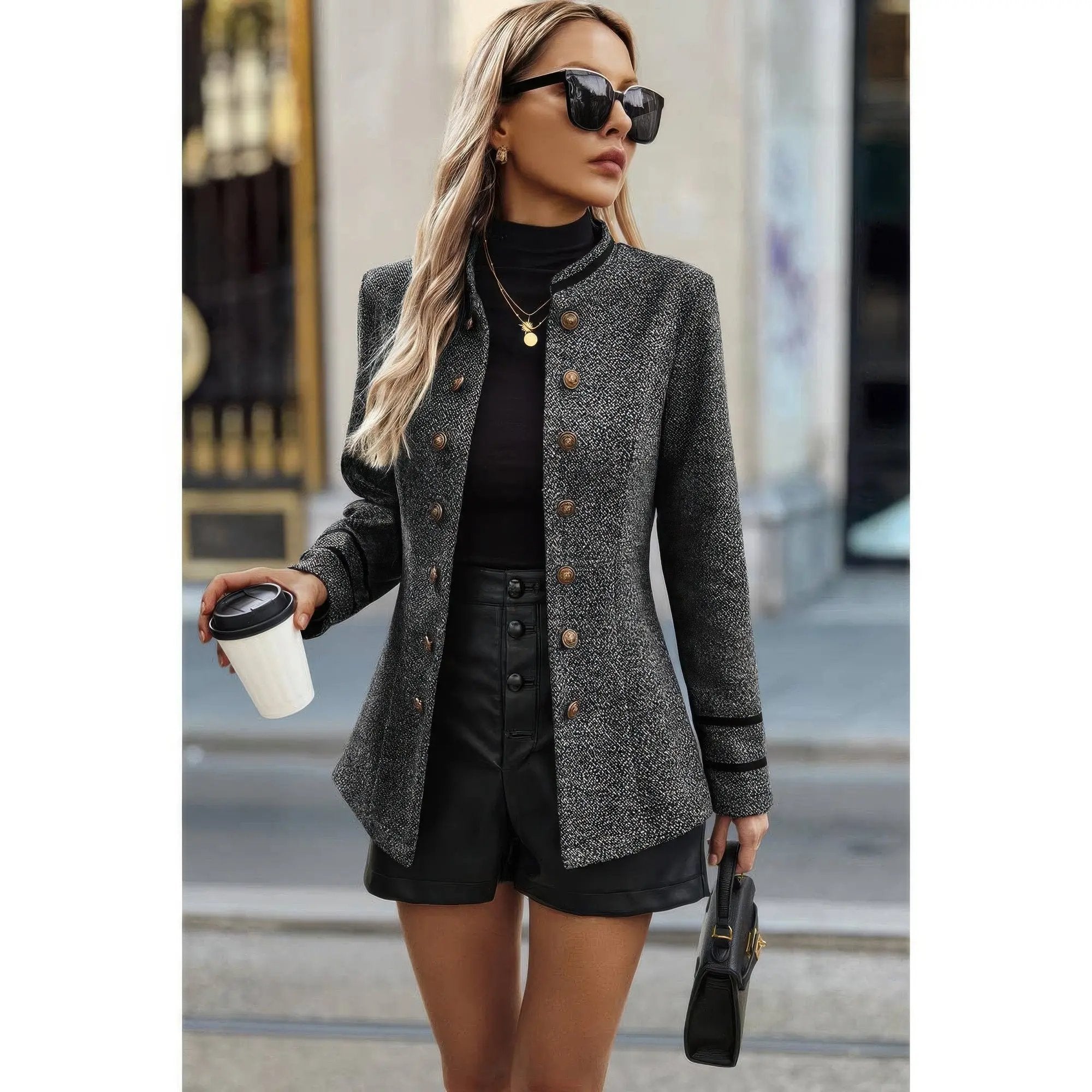 Solid Decorative Button Stand Collar Jacket - DressAffection