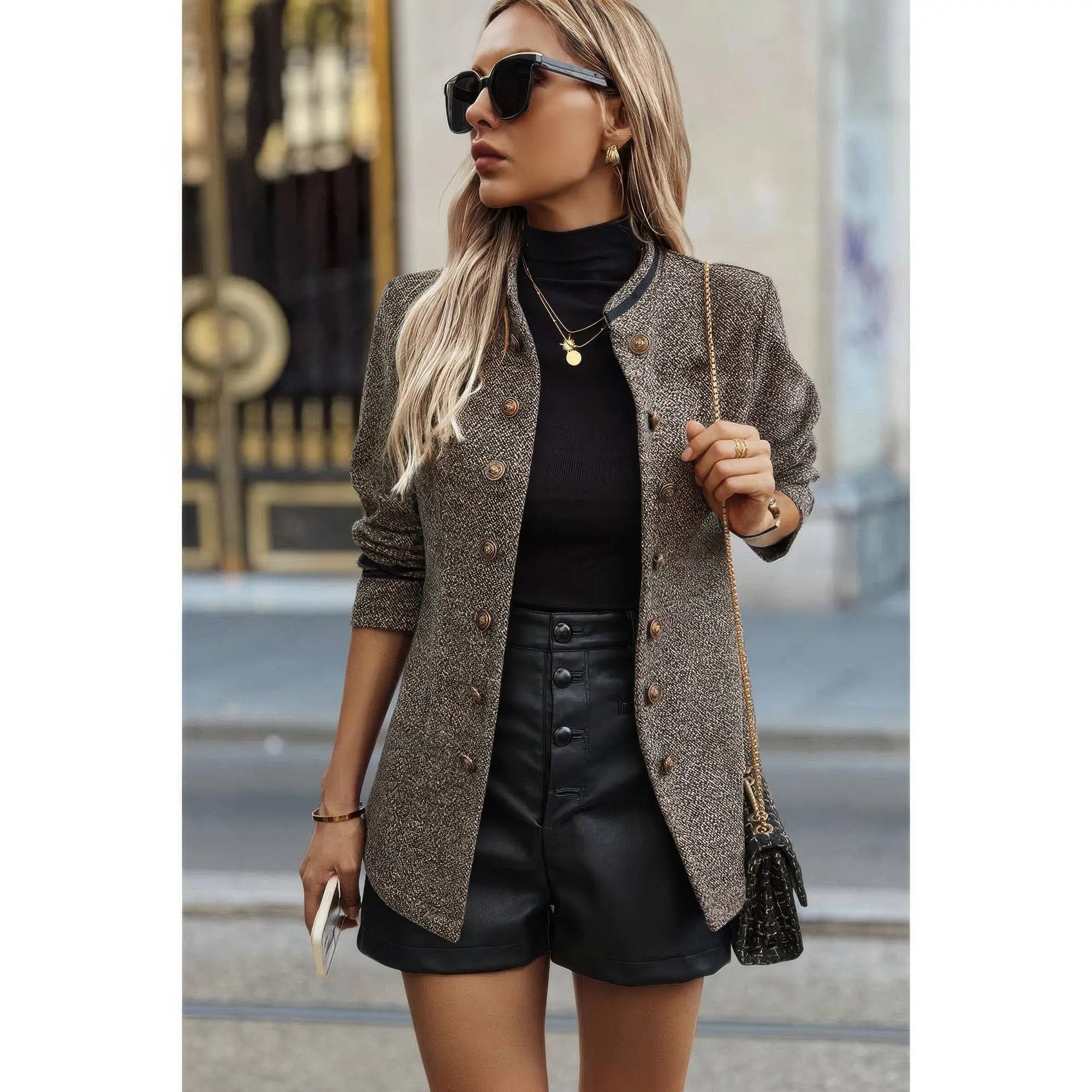 Solid Decorative Button Stand Collar Jacket - DressAffection