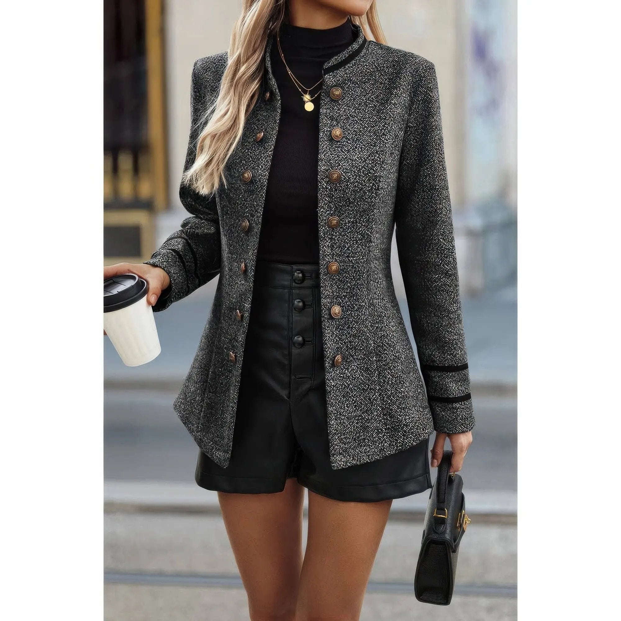 Solid Decorative Button Stand Collar Jacket - DressAffection