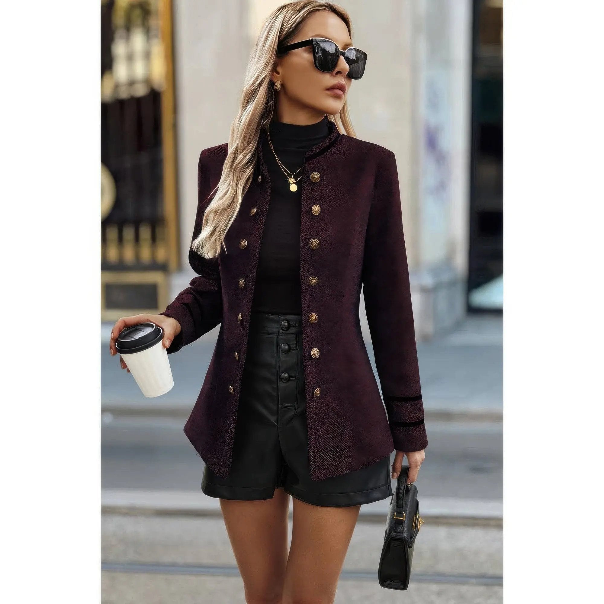 Solid Decorative Button Stand Collar Jacket - DressAffection