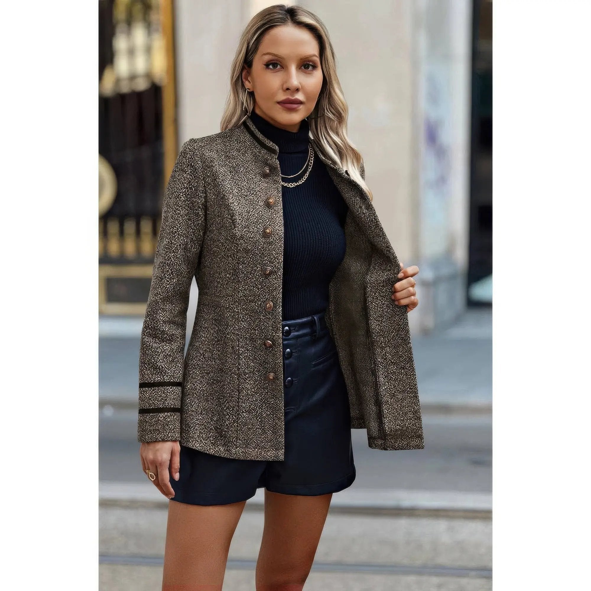 Solid Decorative Button Stand Collar Jacket - DressAffection