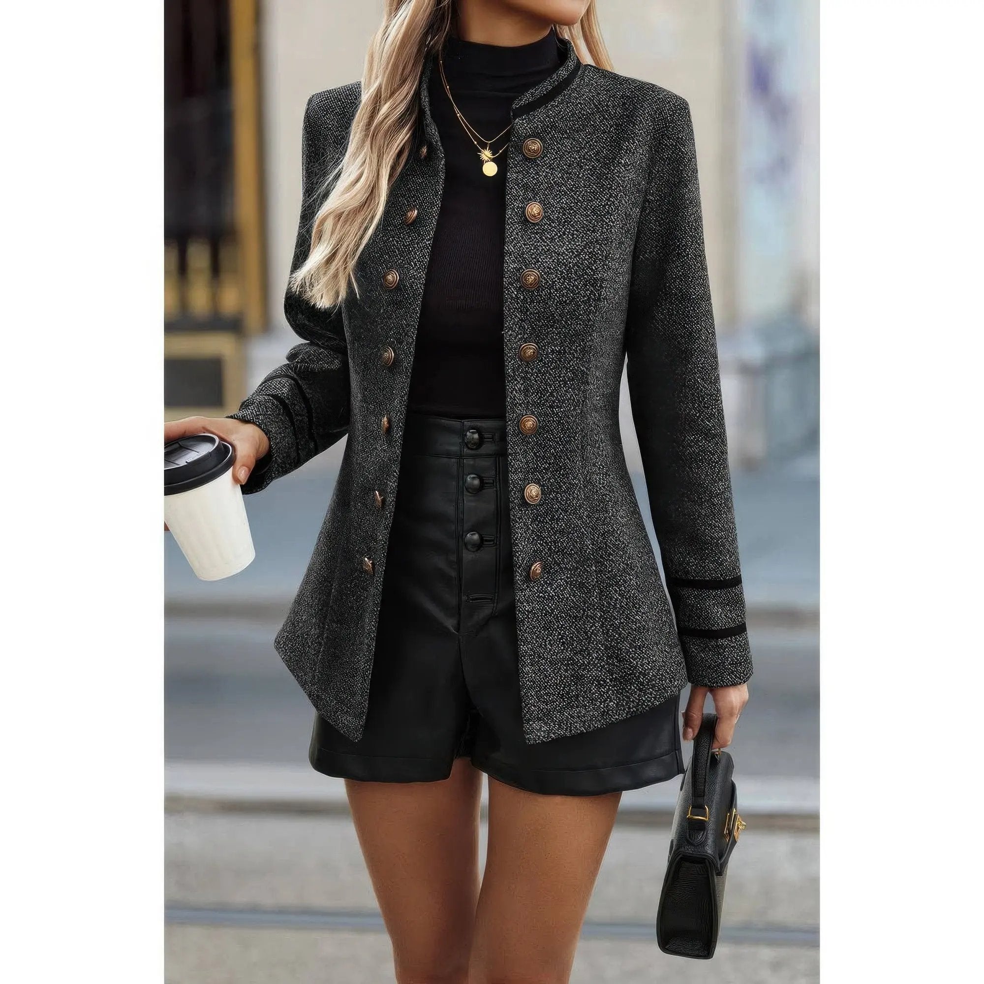 Solid Decorative Button Stand Collar Jacket - DressAffection