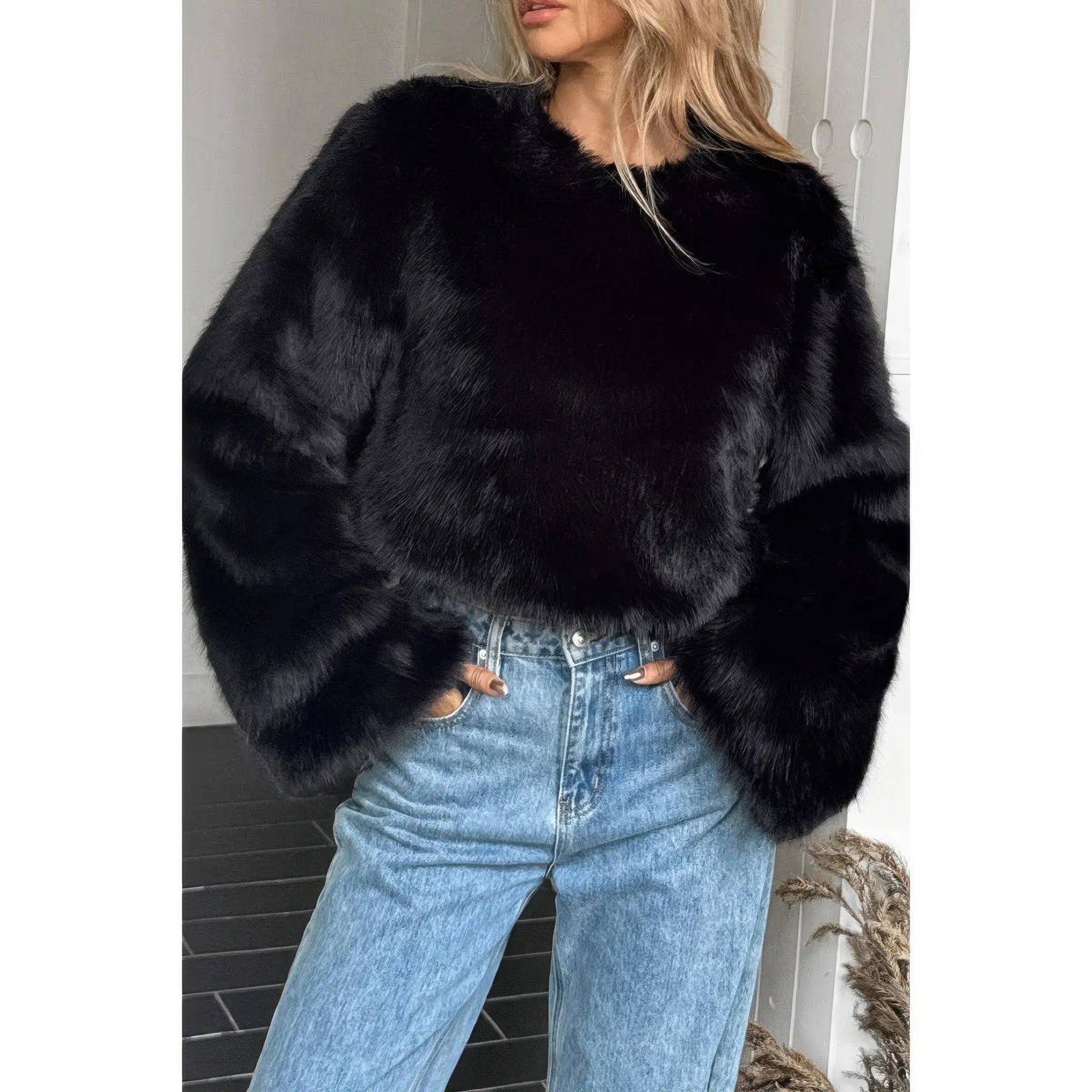 Solid Faux Fur Back Hide Zipper Pullover Coat - DressAffection
