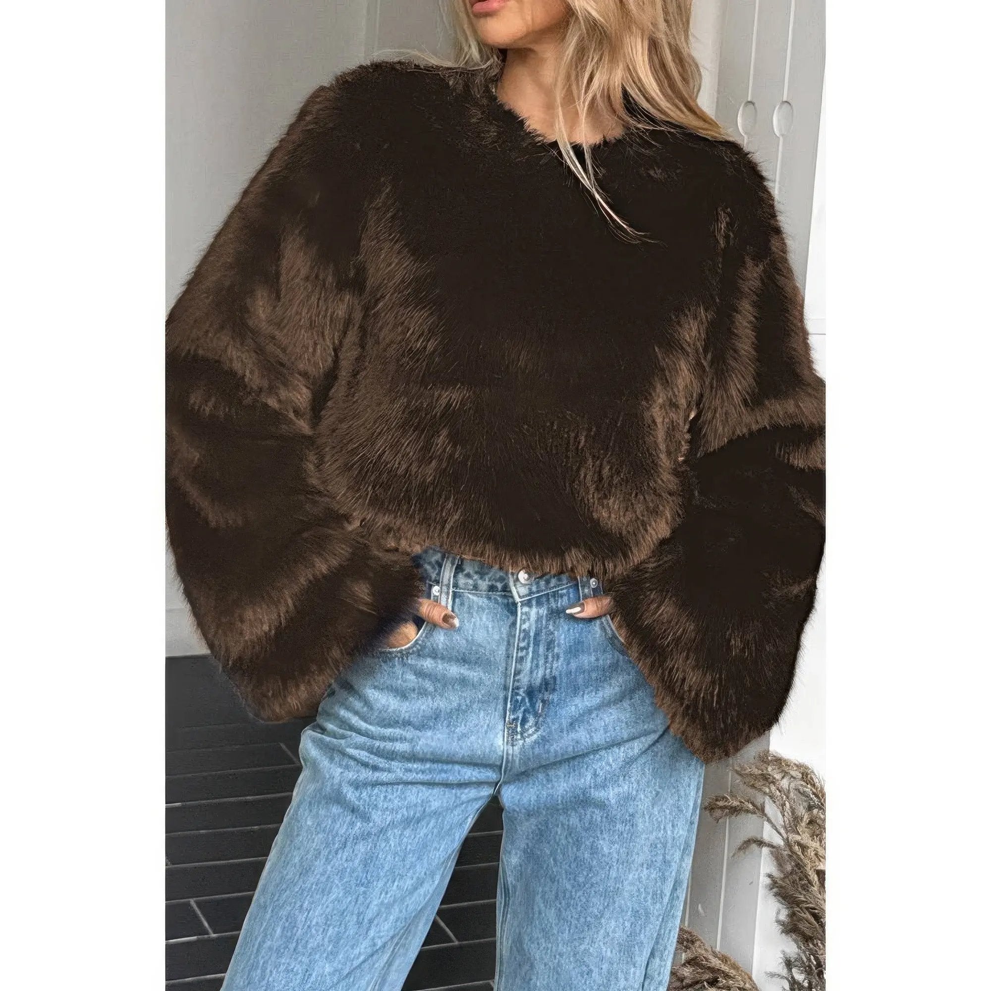 Solid Faux Fur Back Hide Zipper Pullover Coat - DressAffection