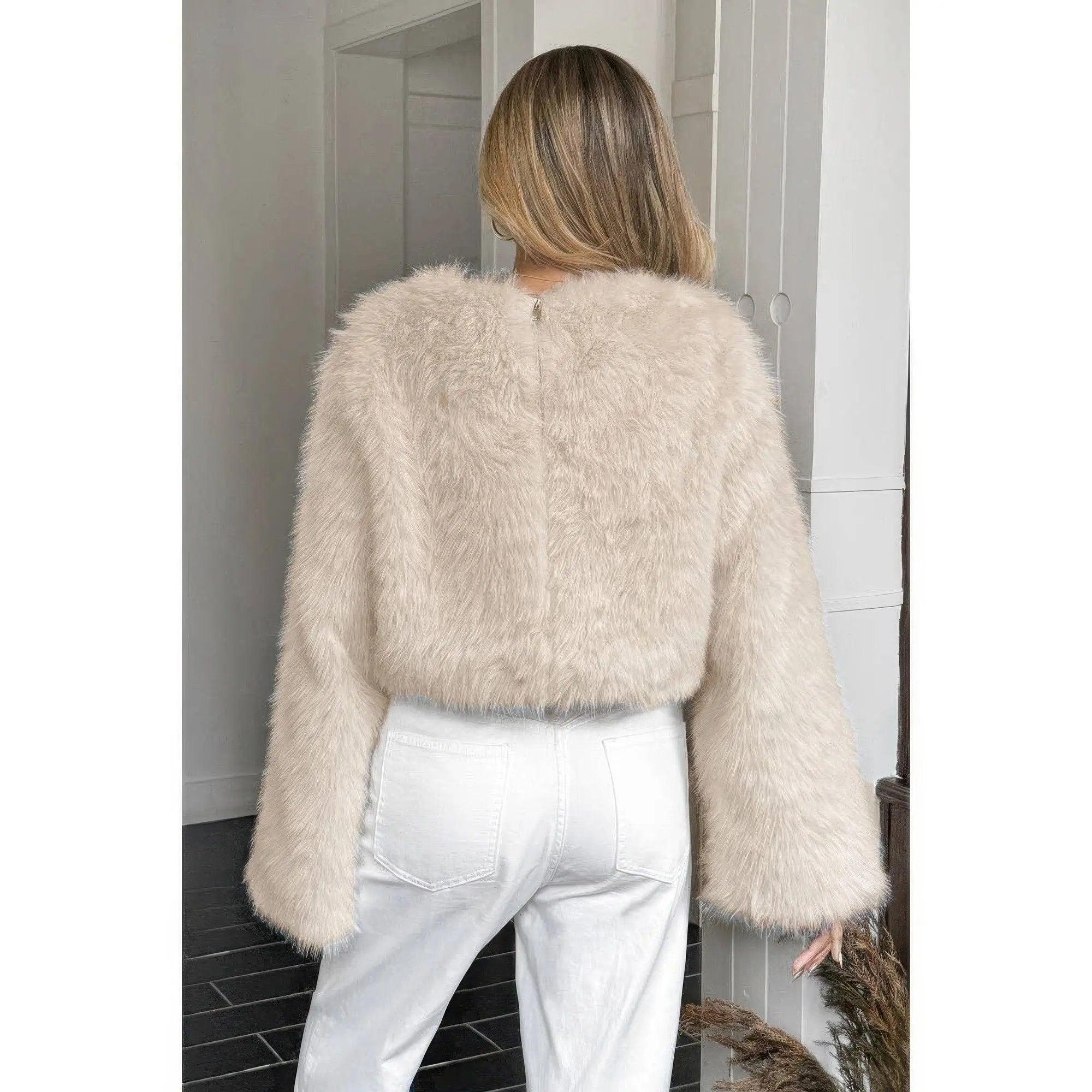 Solid Faux Fur Back Hide Zipper Pullover Coat - DressAffection