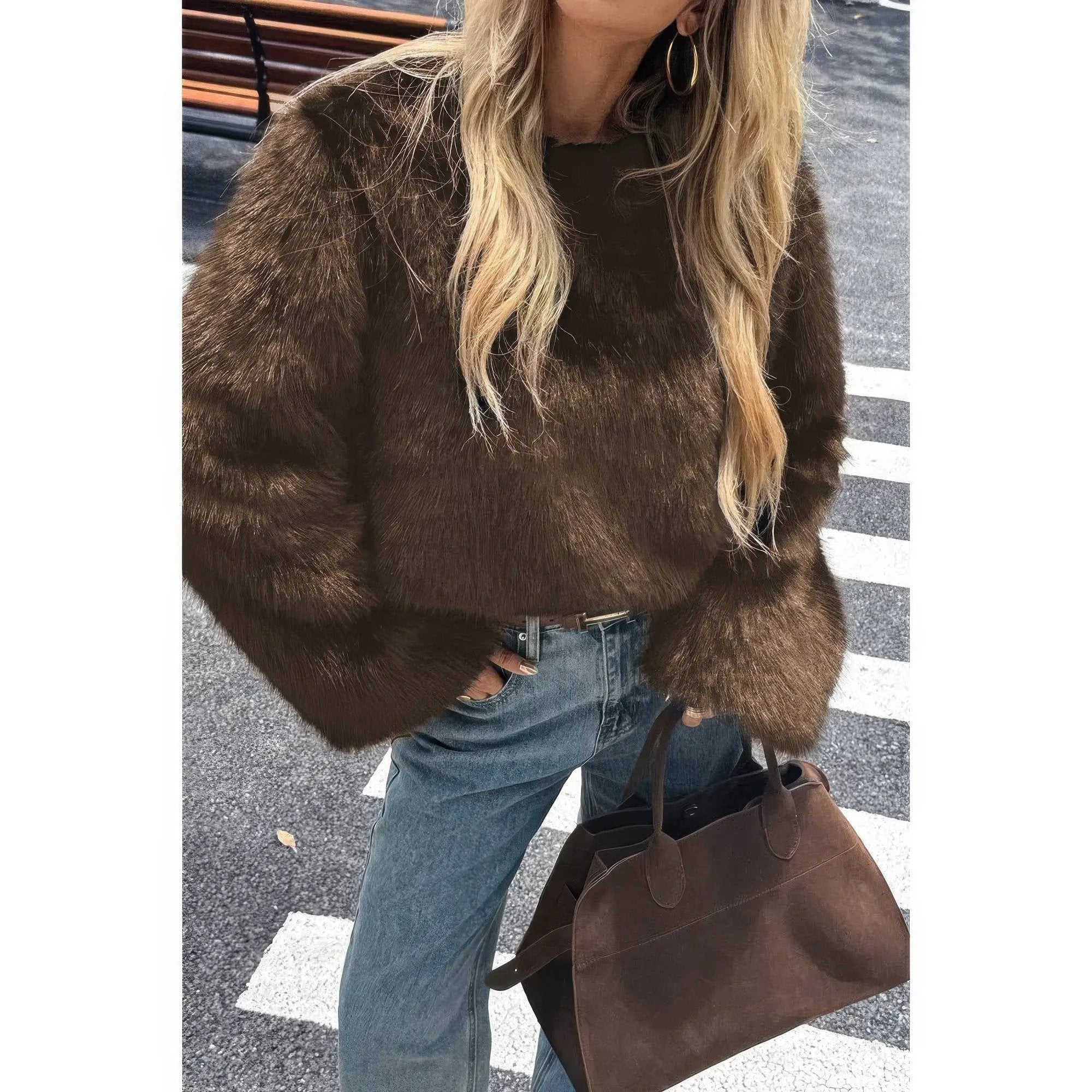 Solid Faux Fur Back Hide Zipper Pullover Coat - DressAffection