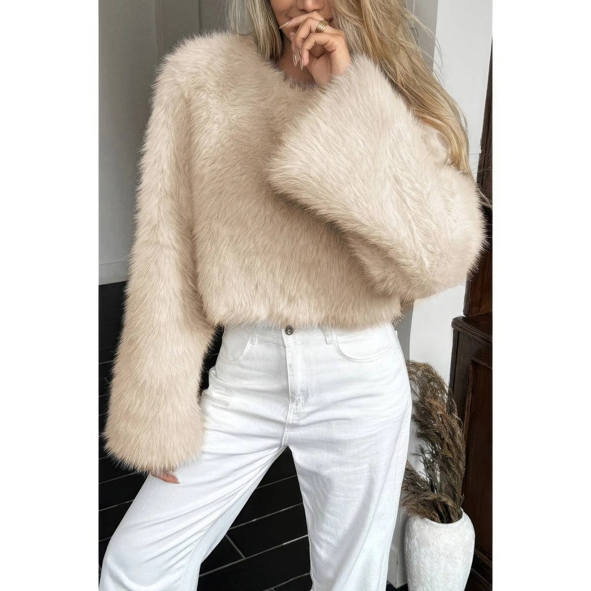 Solid Faux Fur Back Hide Zipper Pullover Coat - DressAffection