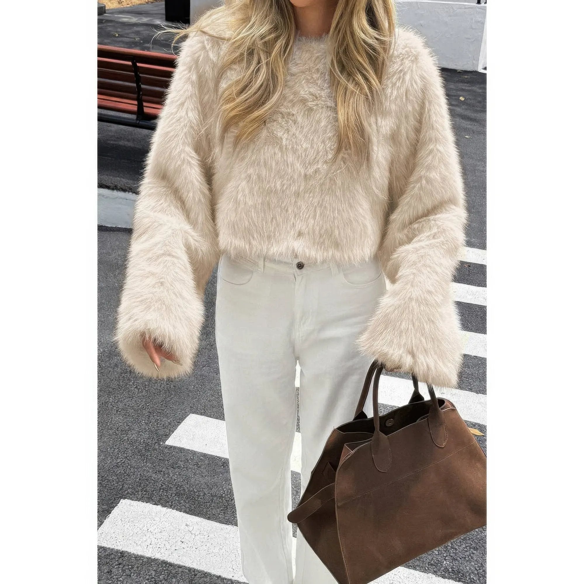 Solid Faux Fur Back Hide Zipper Pullover Coat - DressAffection