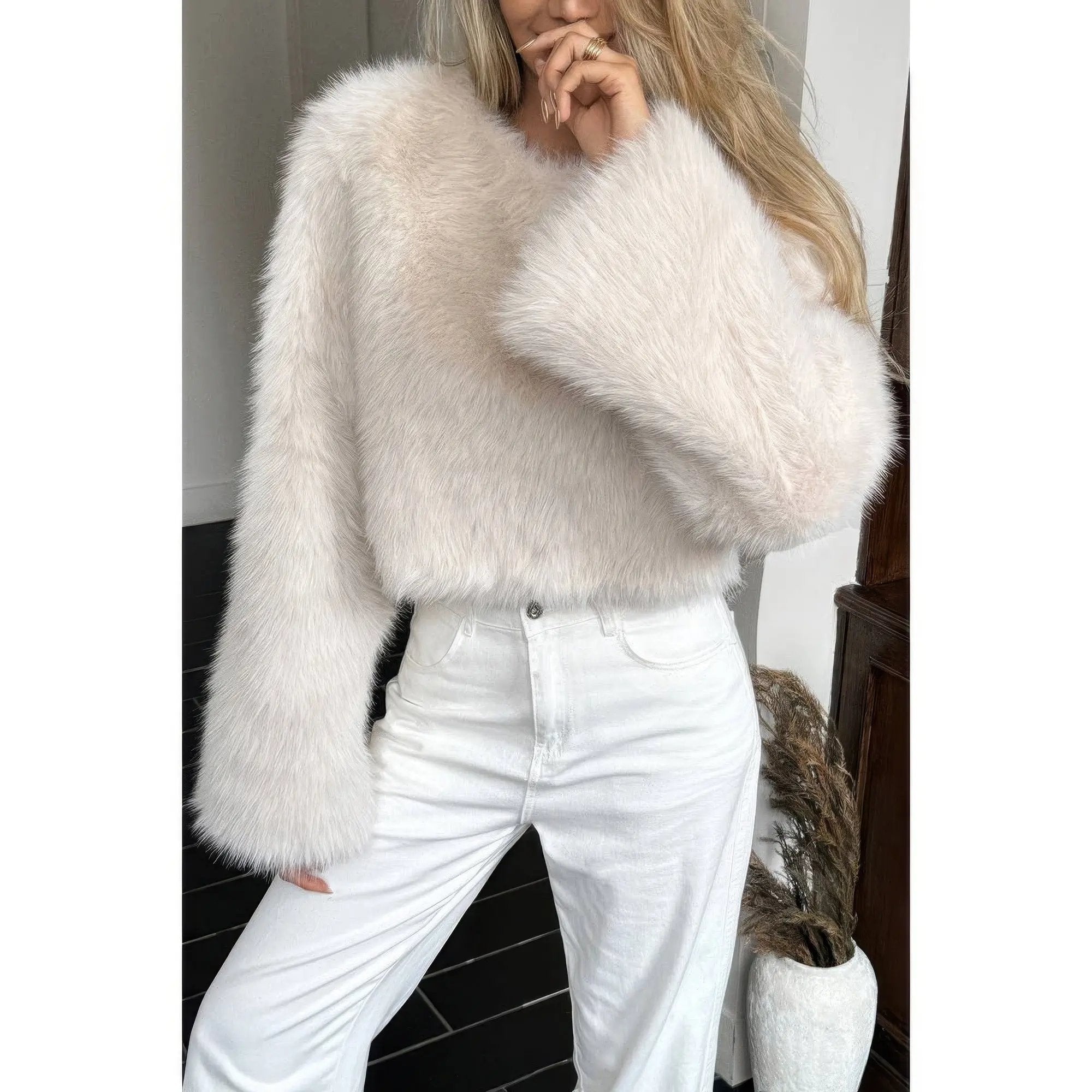 Solid Faux Fur Back Hide Zipper Pullover Coat - DressAffection