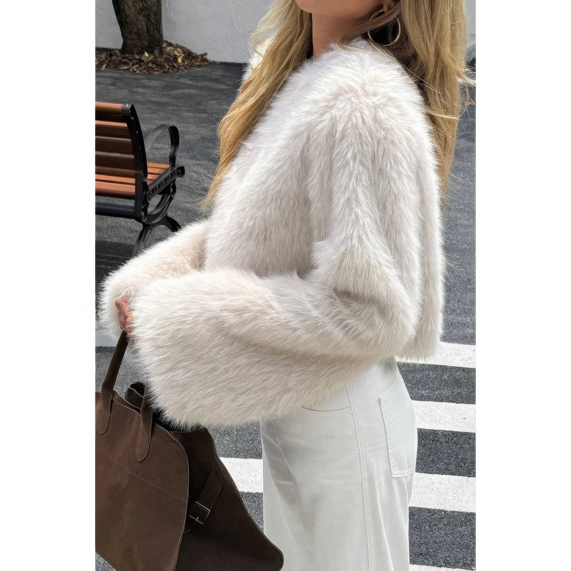 Solid Faux Fur Back Hide Zipper Pullover Coat - DressAffection