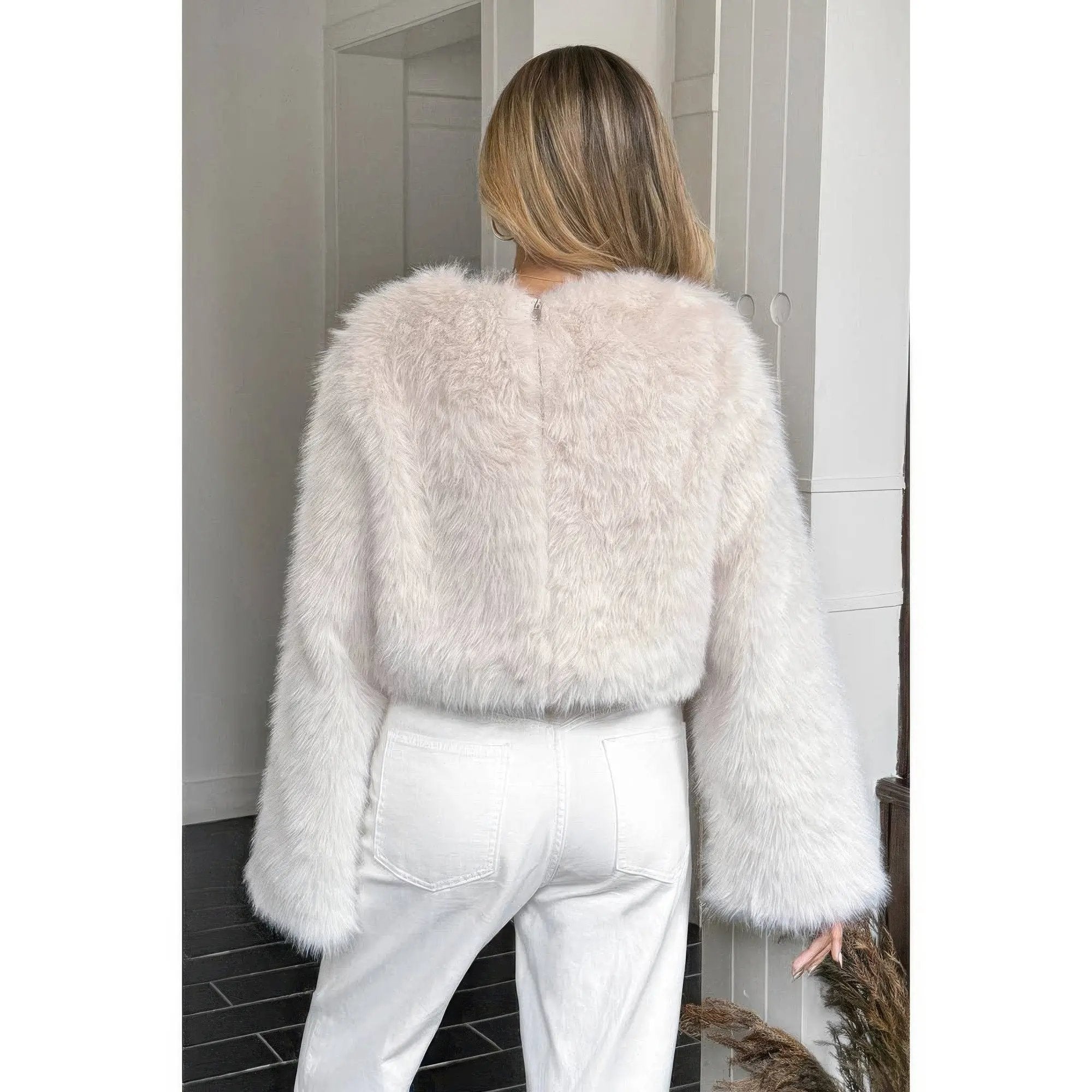 Solid Faux Fur Back Hide Zipper Pullover Coat - DressAffection