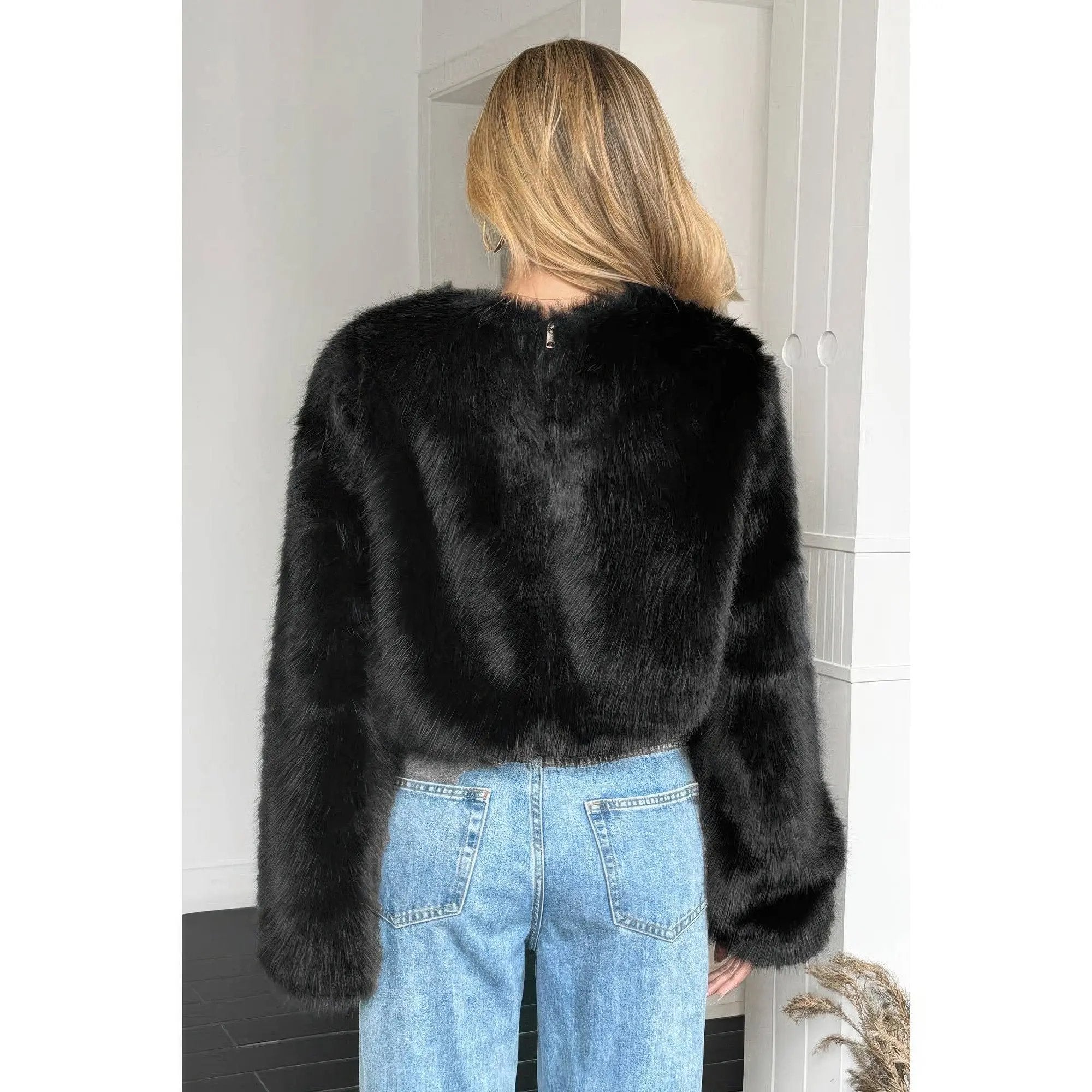 Solid Faux Fur Back Hide Zipper Pullover Coat - DressAffection