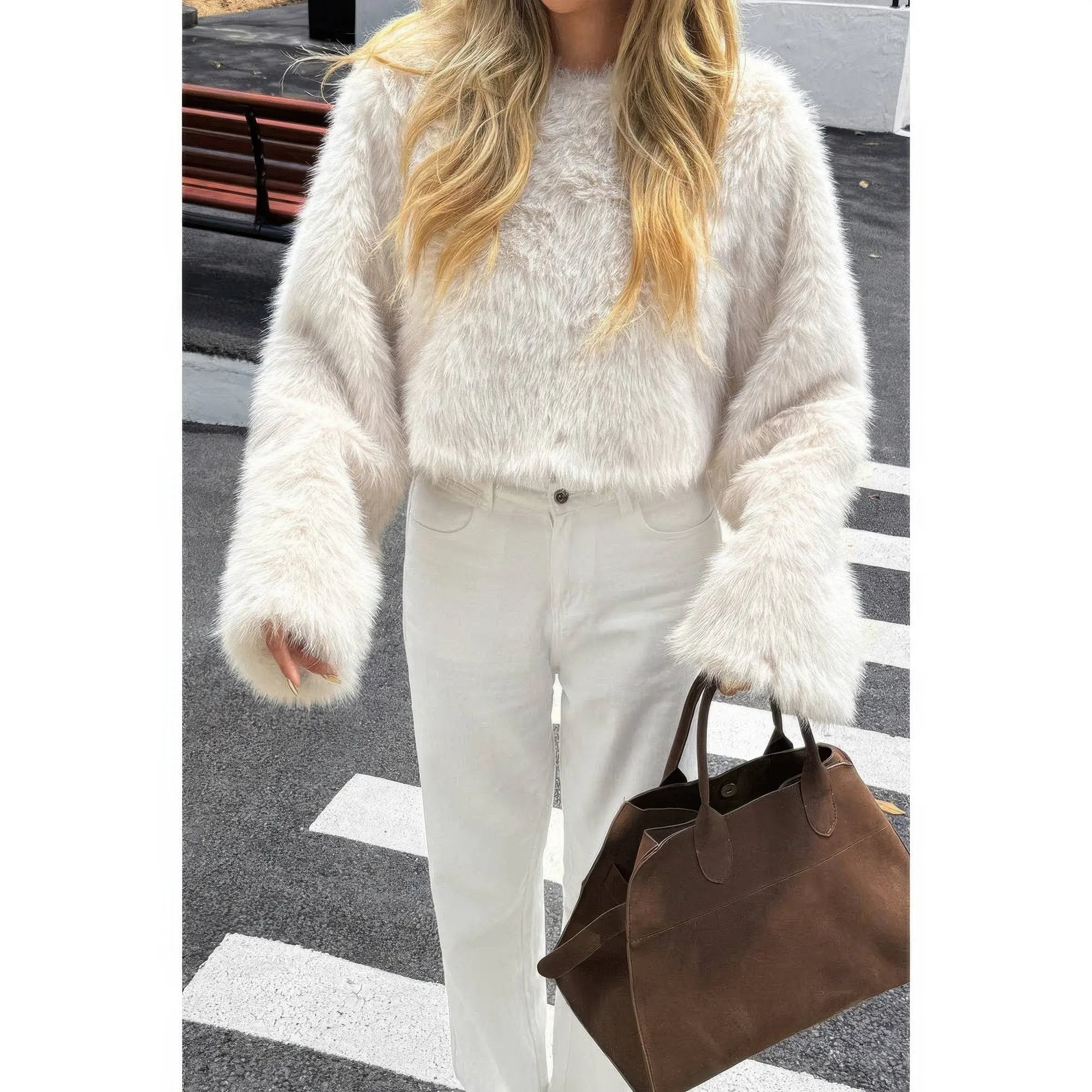 Solid Faux Fur Back Hide Zipper Pullover Coat - DressAffection