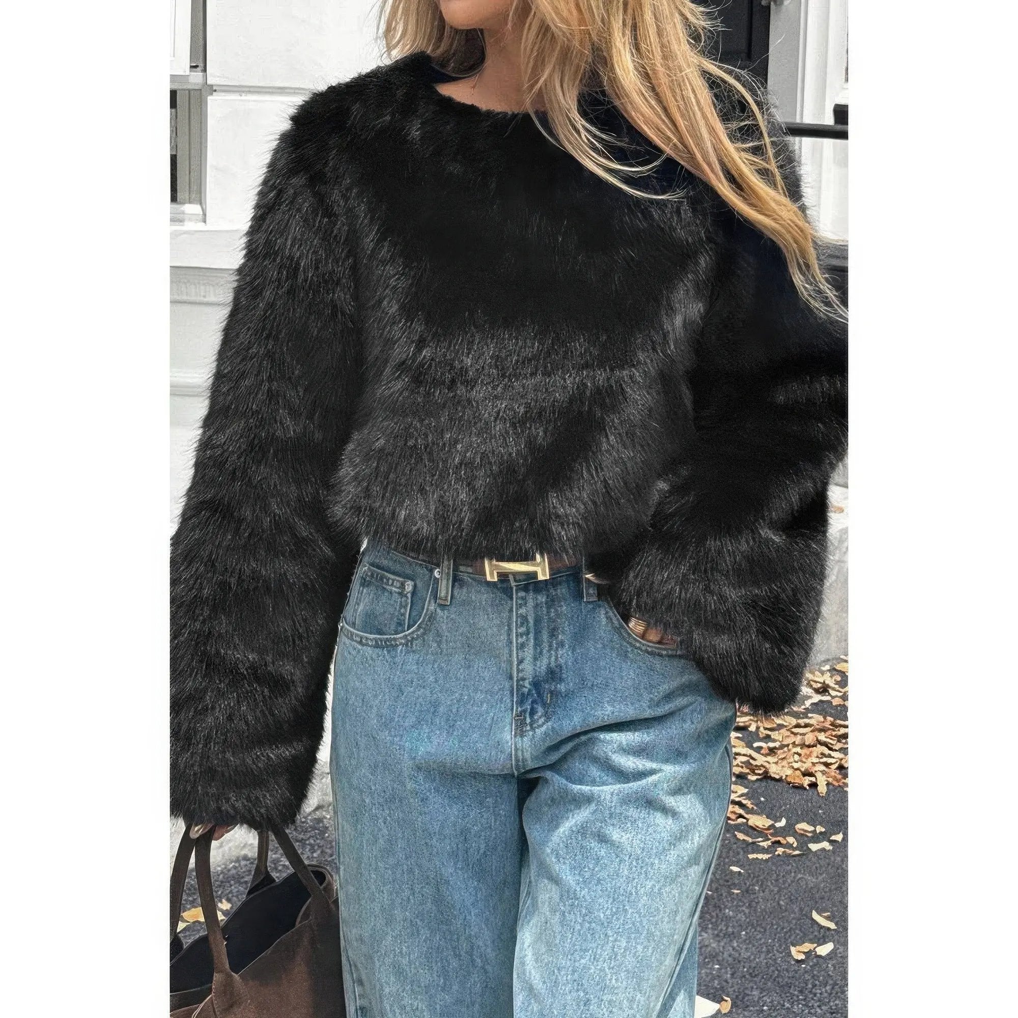 Solid Faux Fur Back Hide Zipper Pullover Coat - DressAffection