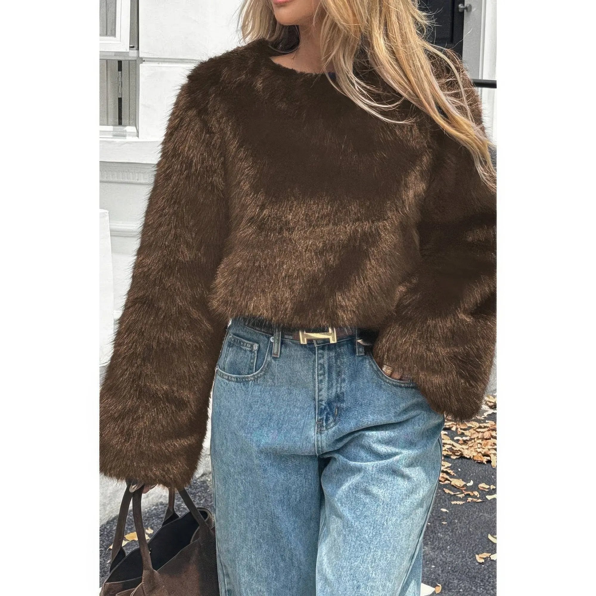 Solid Faux Fur Back Hide Zipper Pullover Coat - DressAffection