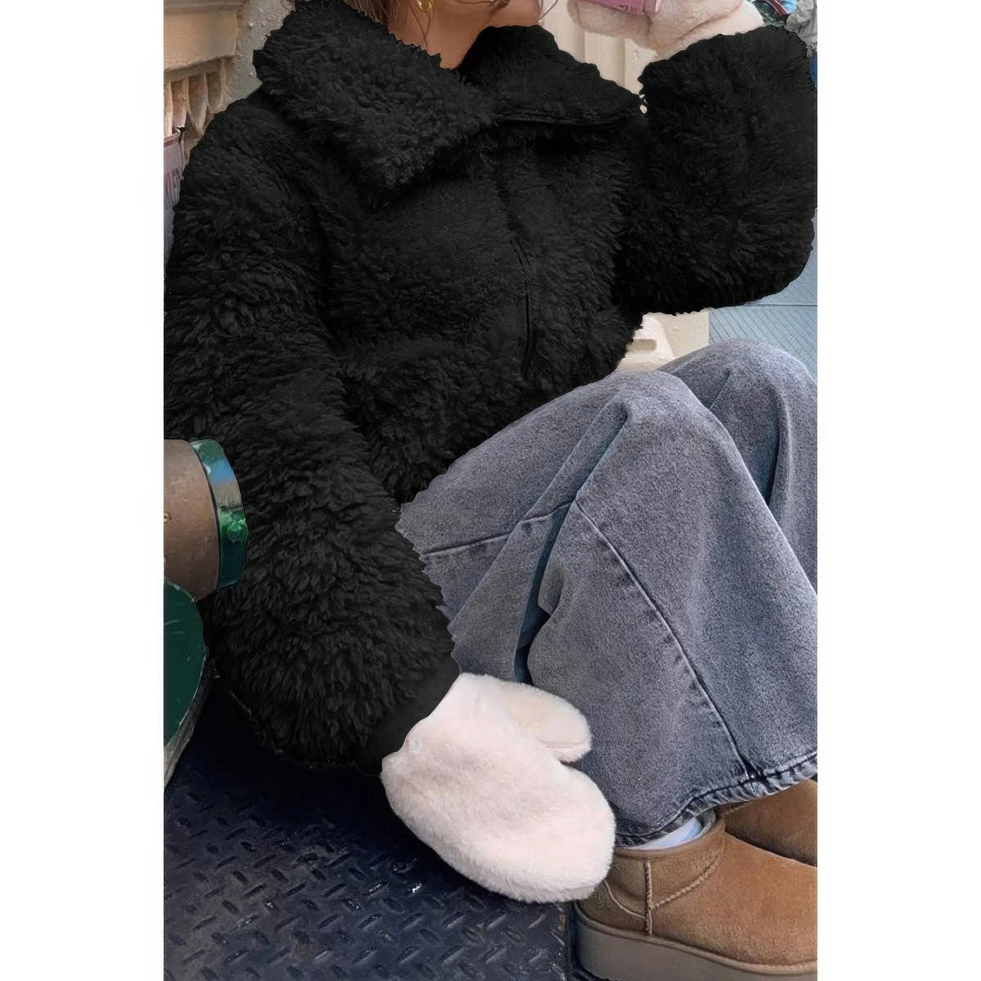 Solid Fleece Cropped Cozy Fuzzy Fur Jacket - DressAffection