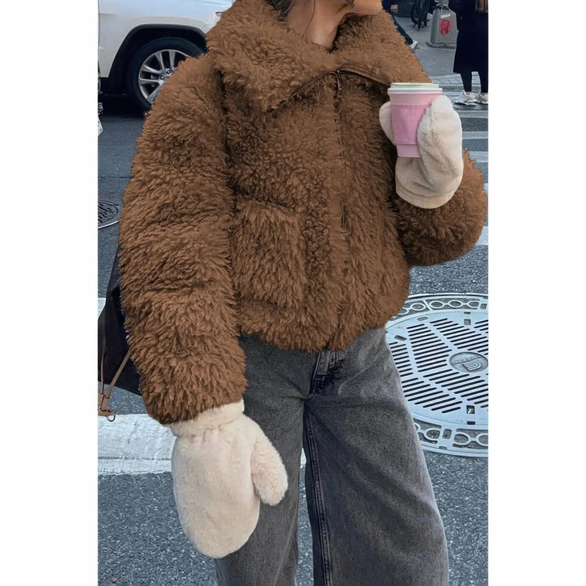 Solid Fleece Cropped Cozy Fuzzy Fur Jacket - DressAffection