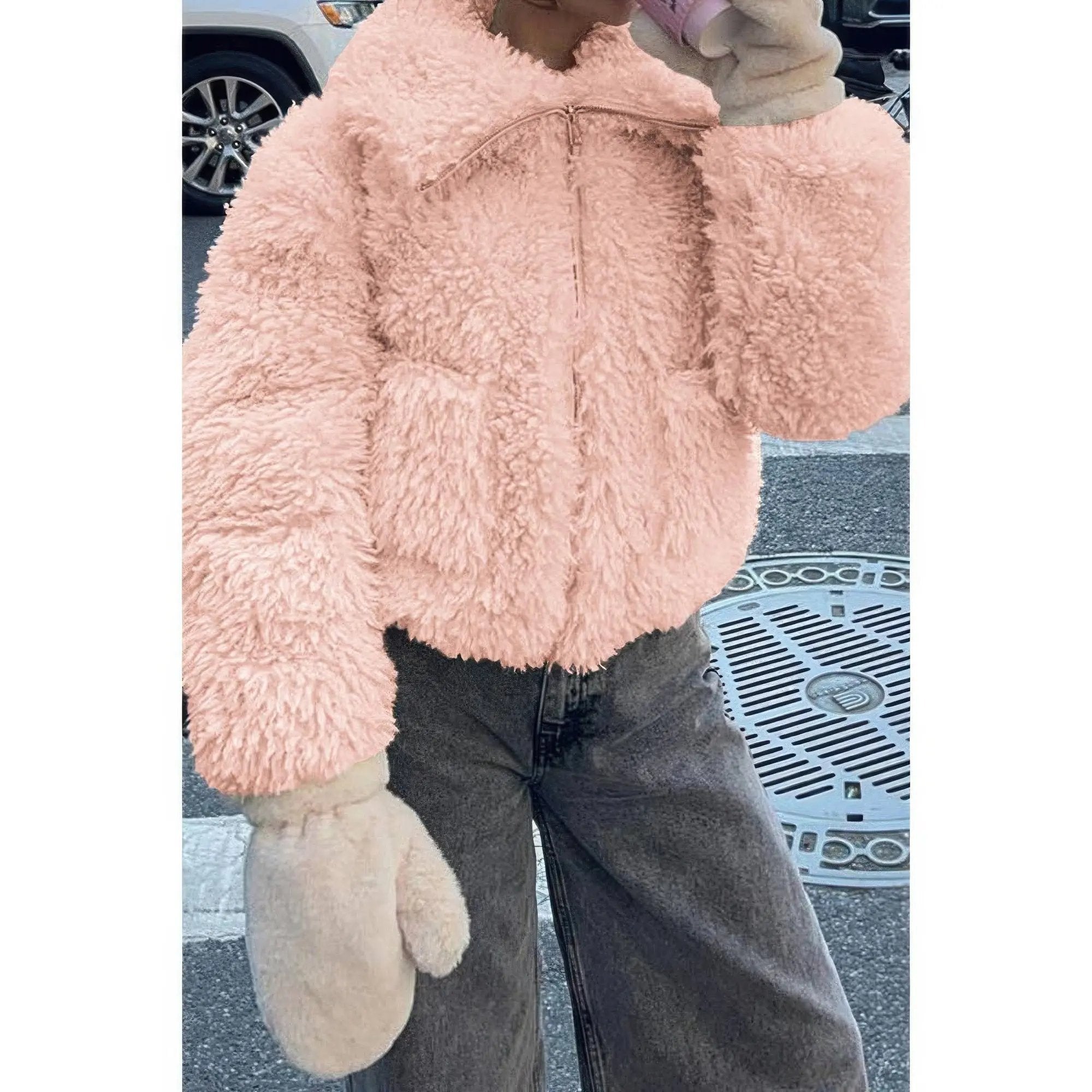 Solid Fleece Cropped Cozy Fuzzy Fur Jacket - DressAffection