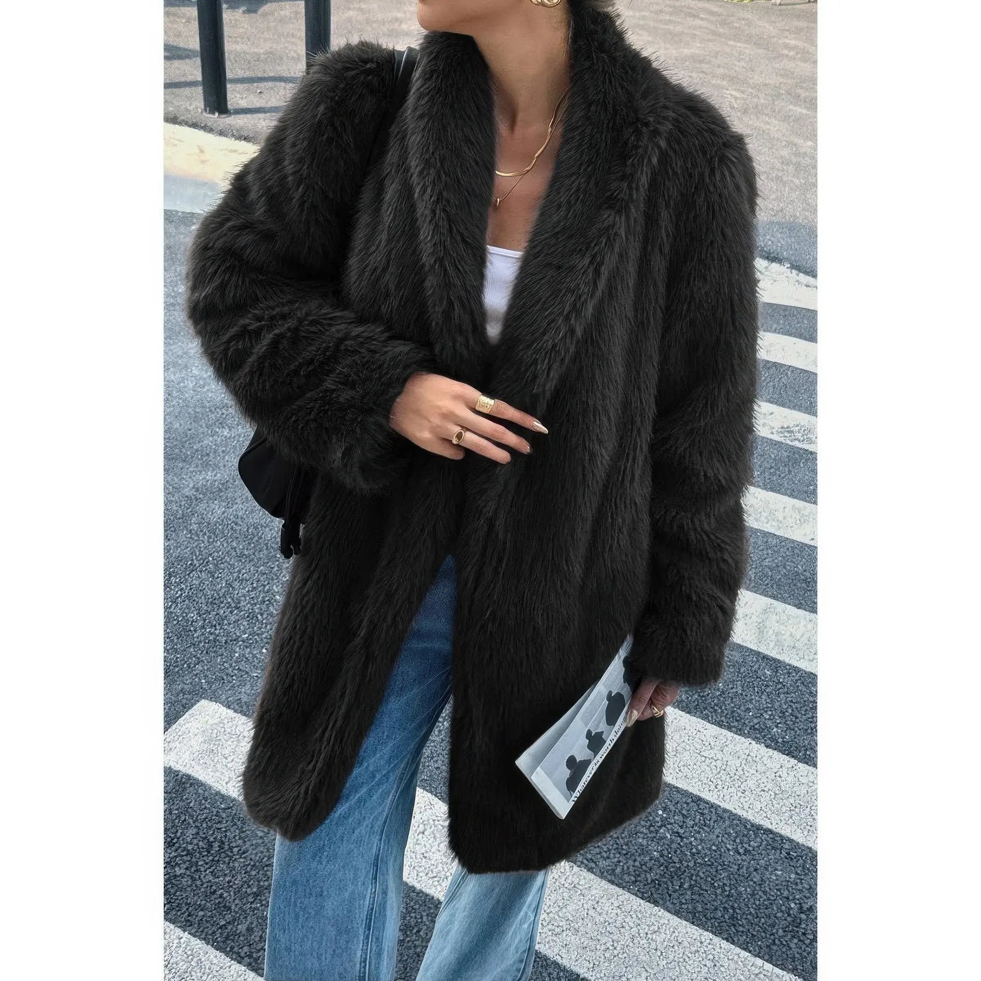 Solid Fluffy Faux Fur Shaggy Long Body Outwear - DressAffection
