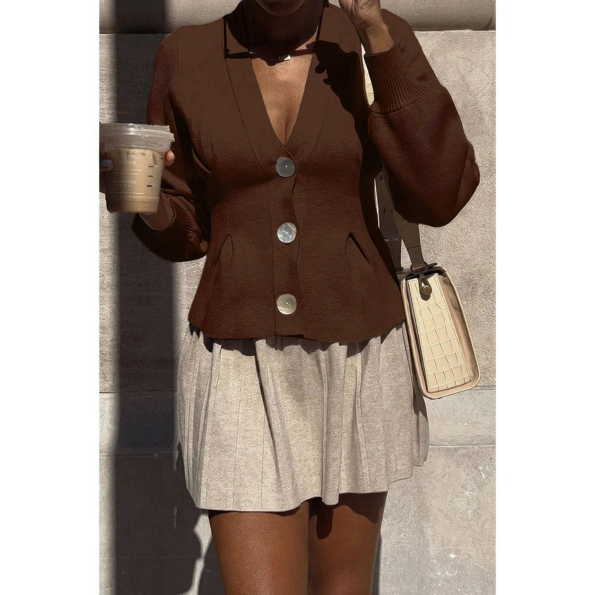 Solid Knit Button Up V Neck Knit Cardigan - DressAffection