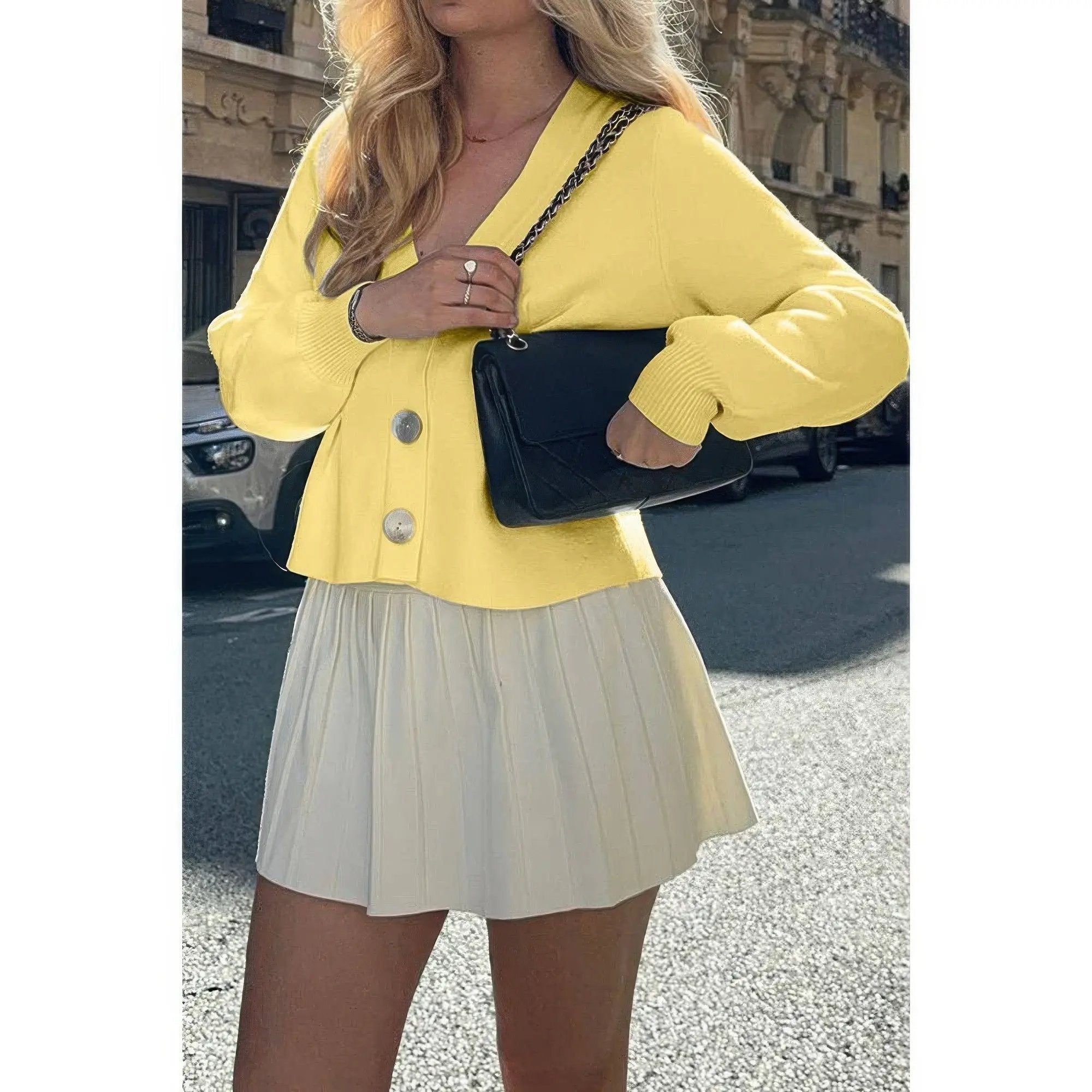 Solid Knit Button Up V Neck Knit Cardigan - DressAffection