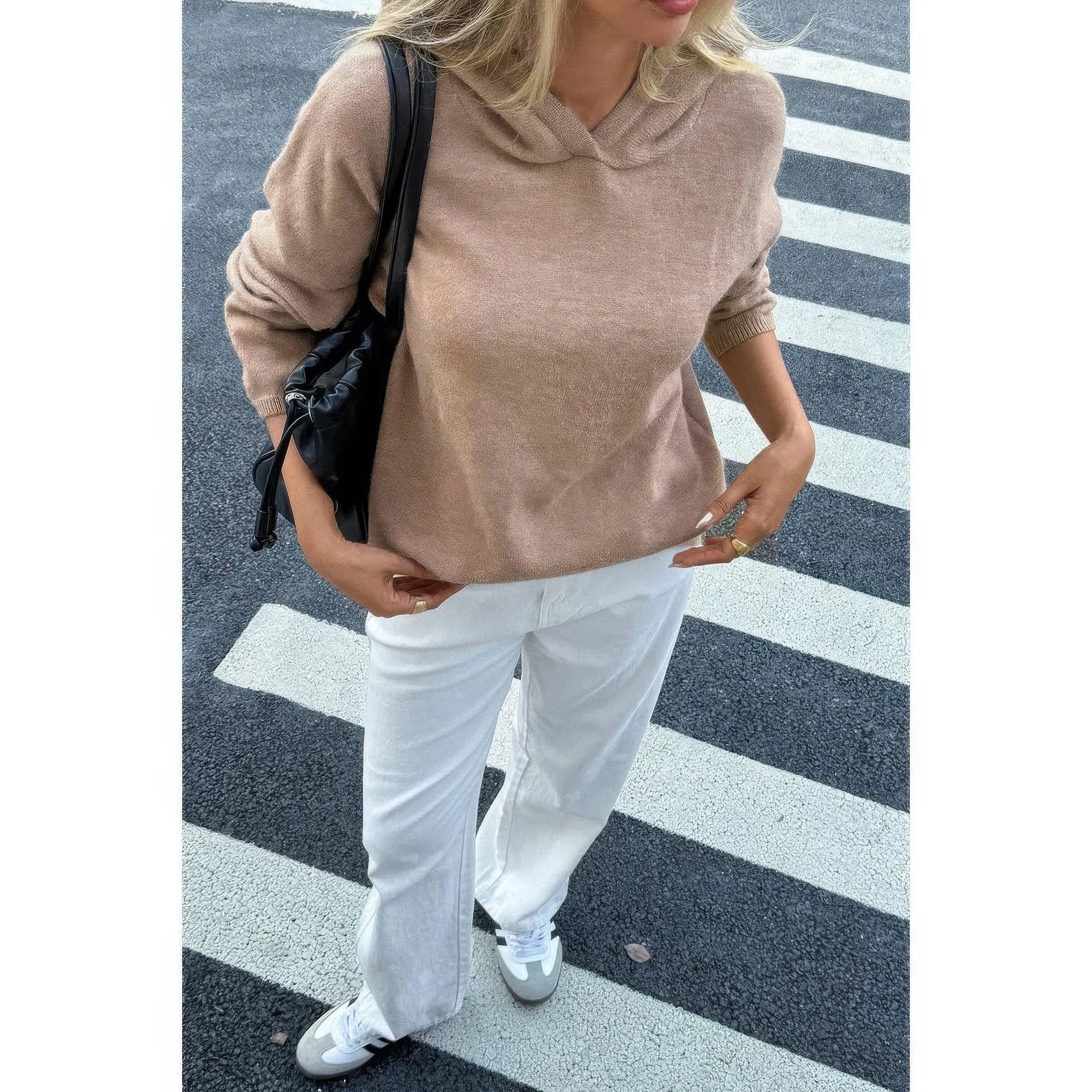 Solid Knit Long Sleeve Loose Hooded Sweater - DressAffection