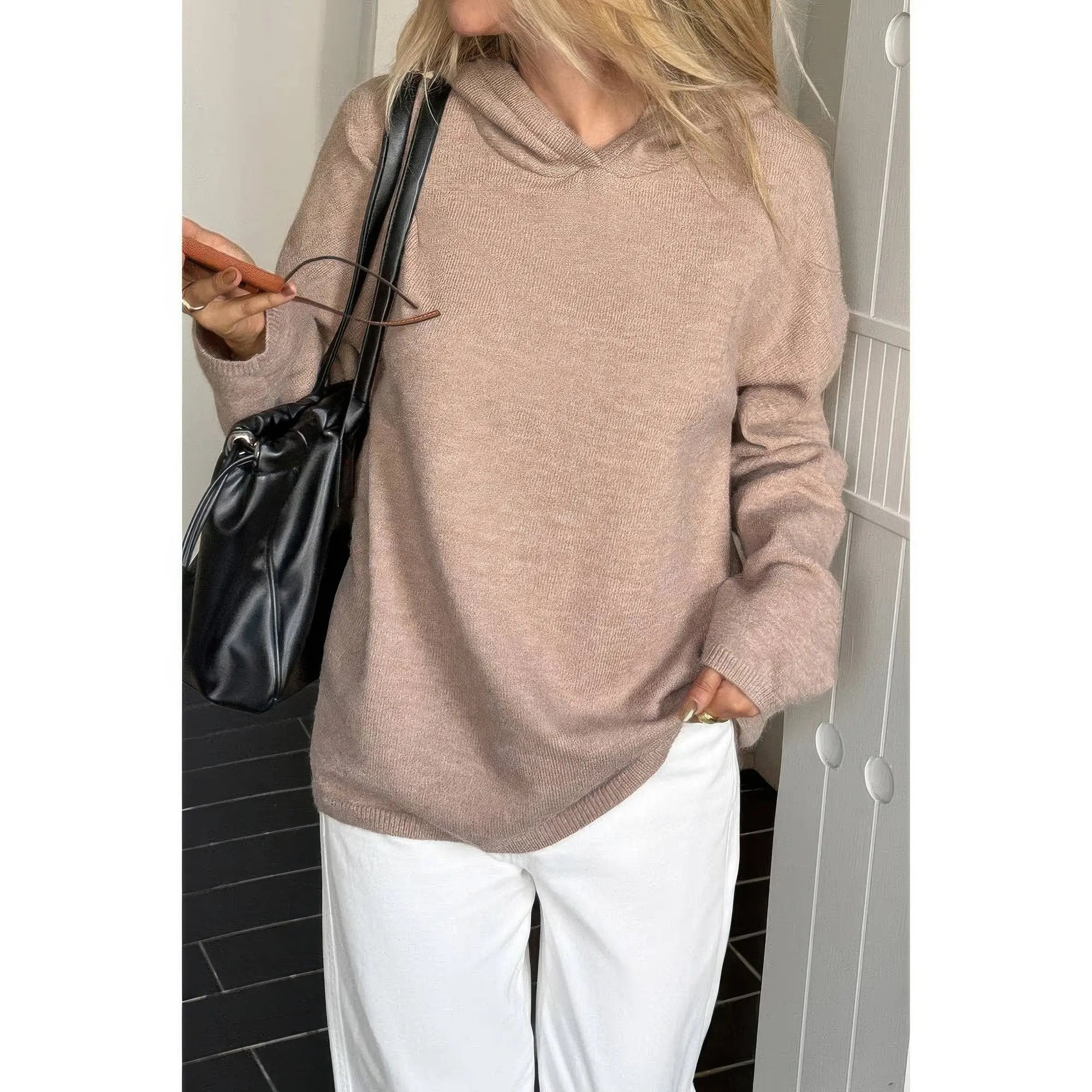 Solid Knit Long Sleeve Loose Hooded Sweater - DressAffection